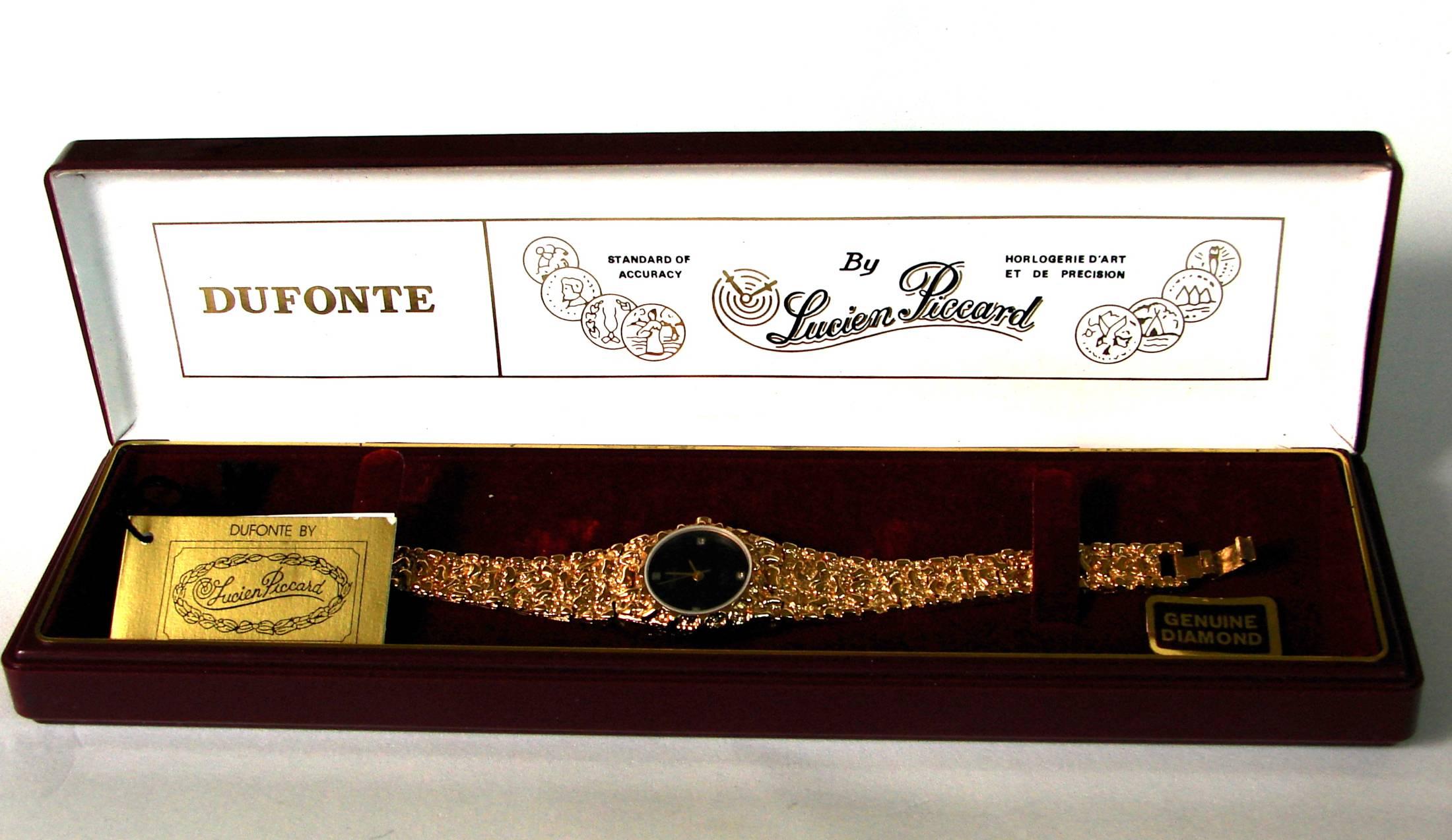 Contemporary Lucien Piccard DUFONTE Ladies Quartz Watch Gold with Diamonds Dead Stock New 