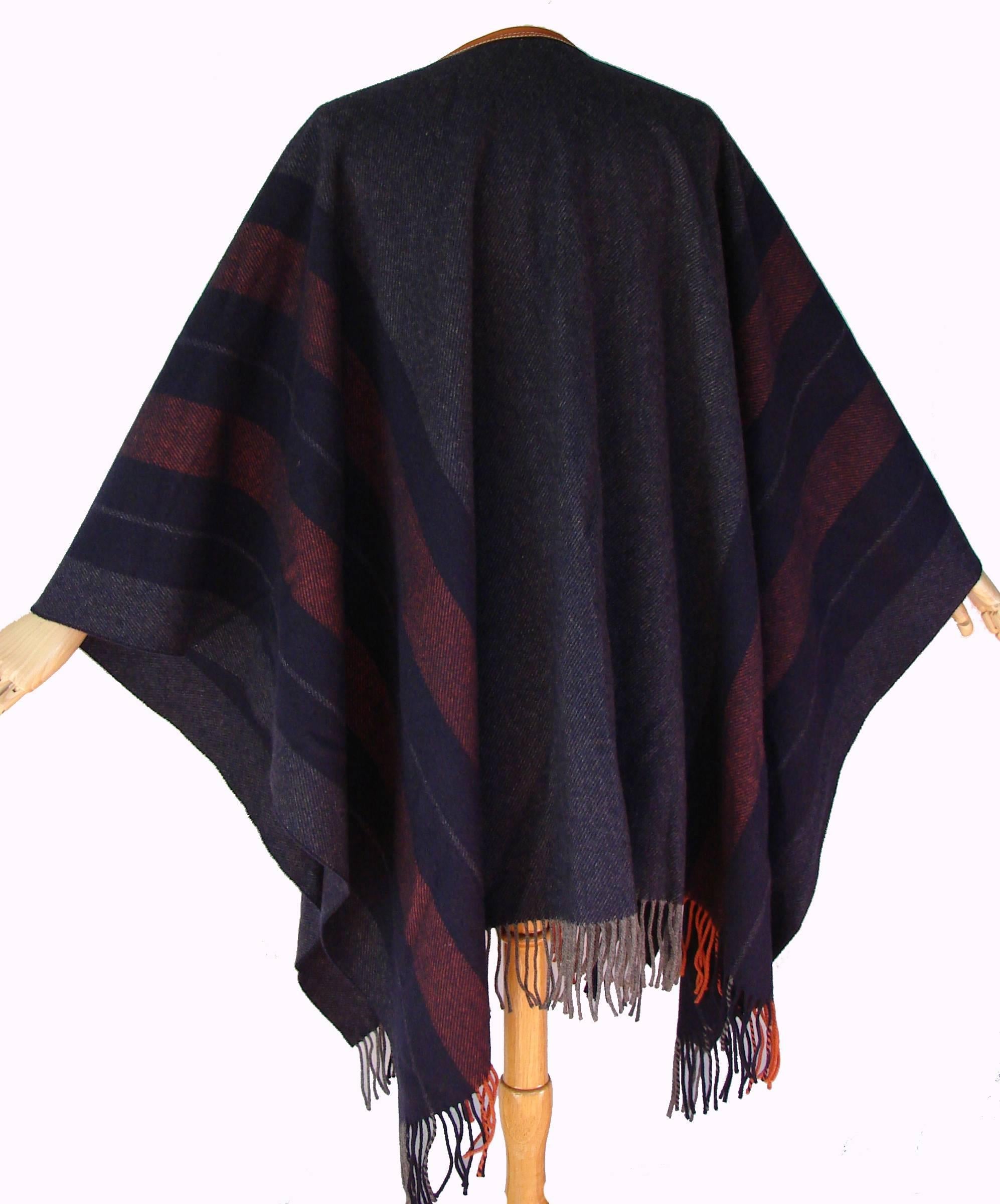 Beige Hermes Cashmere Wool Fringed Rocabar Poncho with Leather Tassels