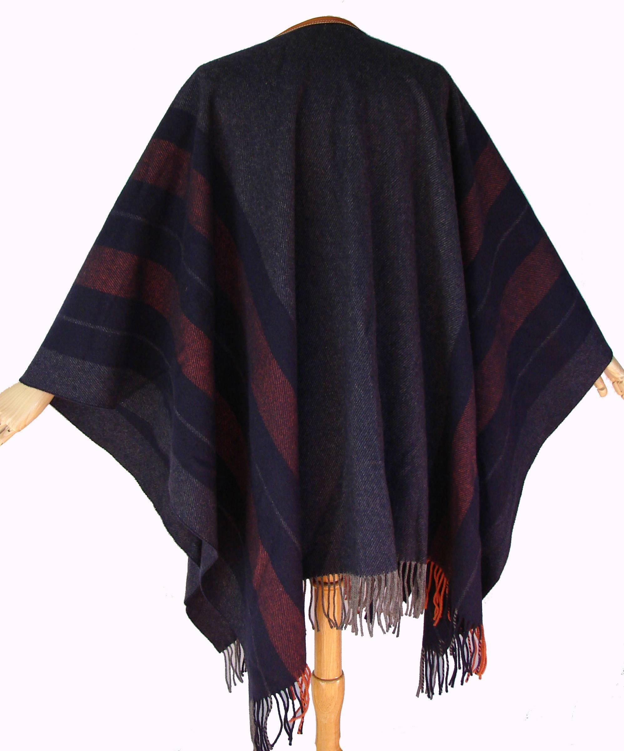 Beige Hermes Cashmere Wool Fringed Rocabar Poncho with Leather Tassels 