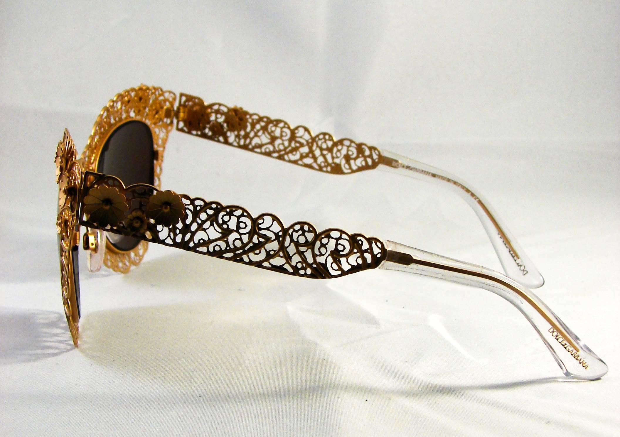 Dolce & Gabbana Dimensional Gold Metal Floral Sunglasses + Case + Paperwork  In Excellent Condition In Port Saint Lucie, FL