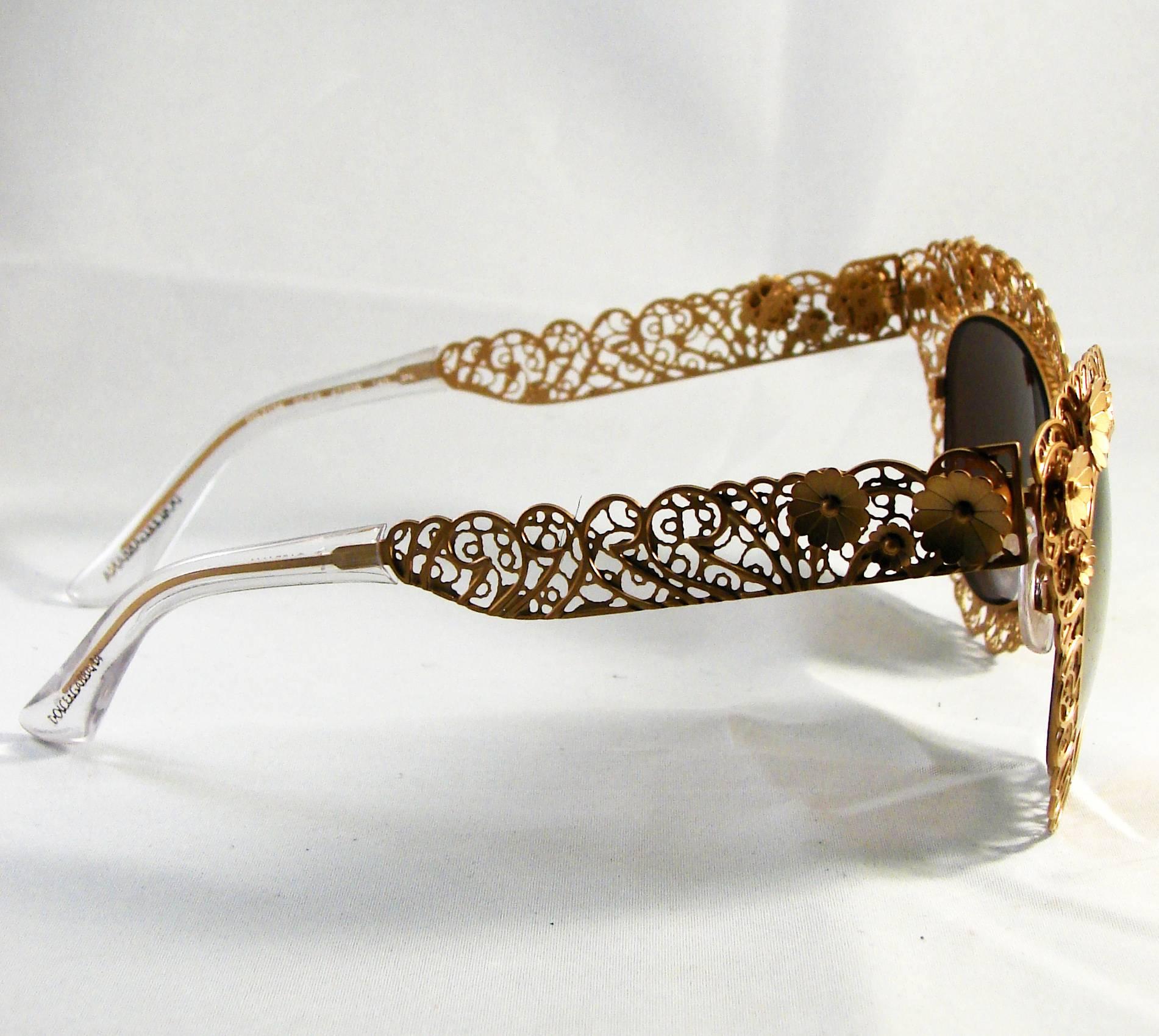 Women's Dolce & Gabbana Dimensional Gold Metal Floral Sunglasses + Case + Paperwork 