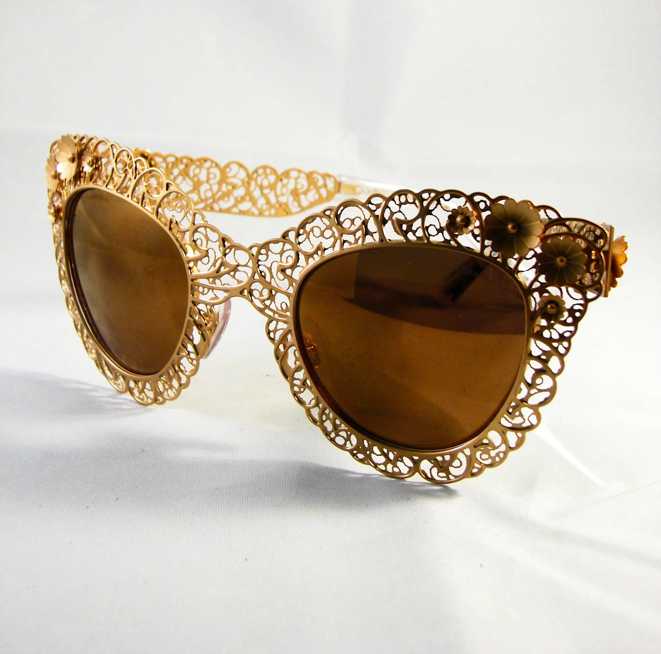 Brown Dolce & Gabbana Dimensional Gold Metal Floral Sunglasses + Case + Paperwork 