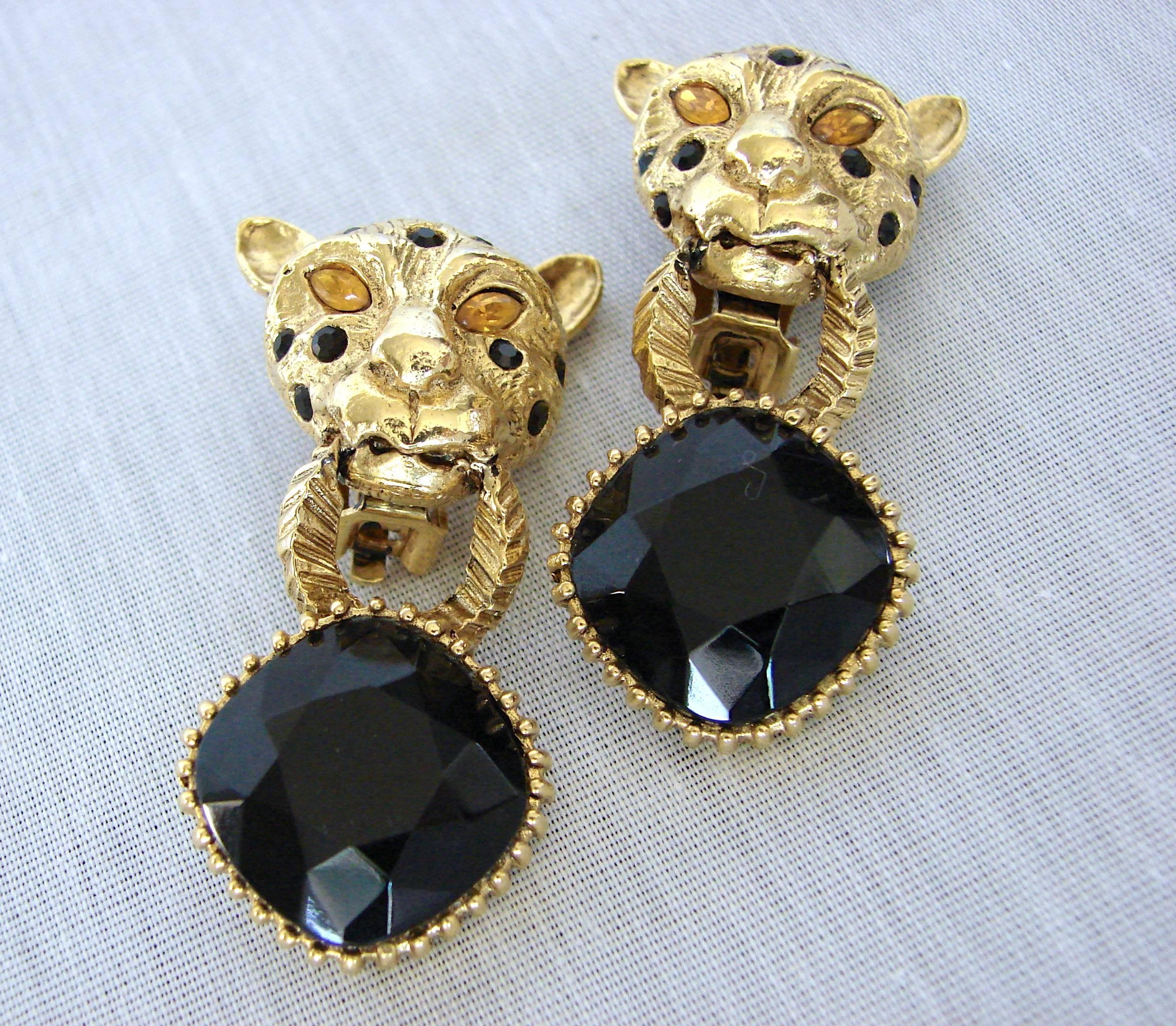 Contemporary Spotted Leopard Head Earrings with Indigo Blue Crystal Clip Style Graziano 90s