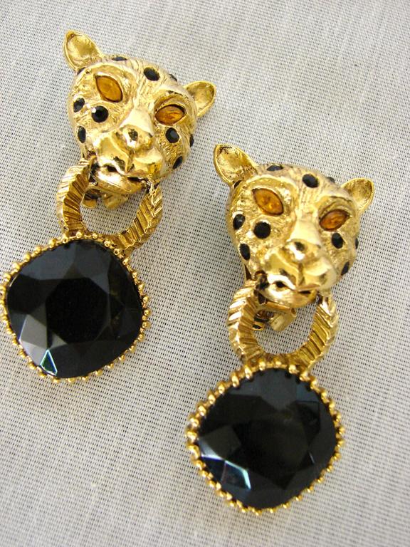 Spotted Leopard Head Earrings with Indigo Blue Crystal Clip Style