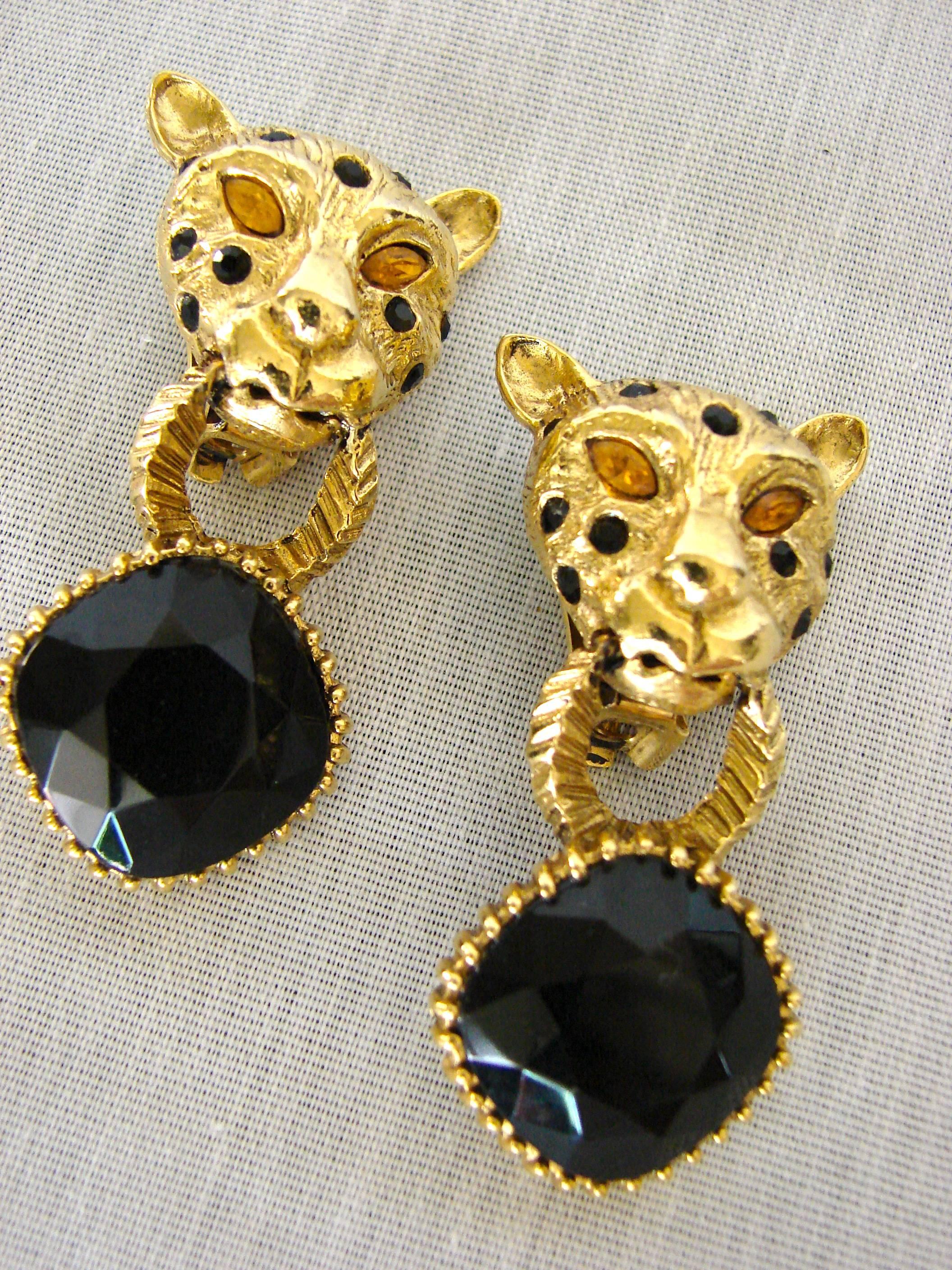 Women's Spotted Leopard Head Earrings with Indigo Blue Crystal Clip Style Graziano 90s