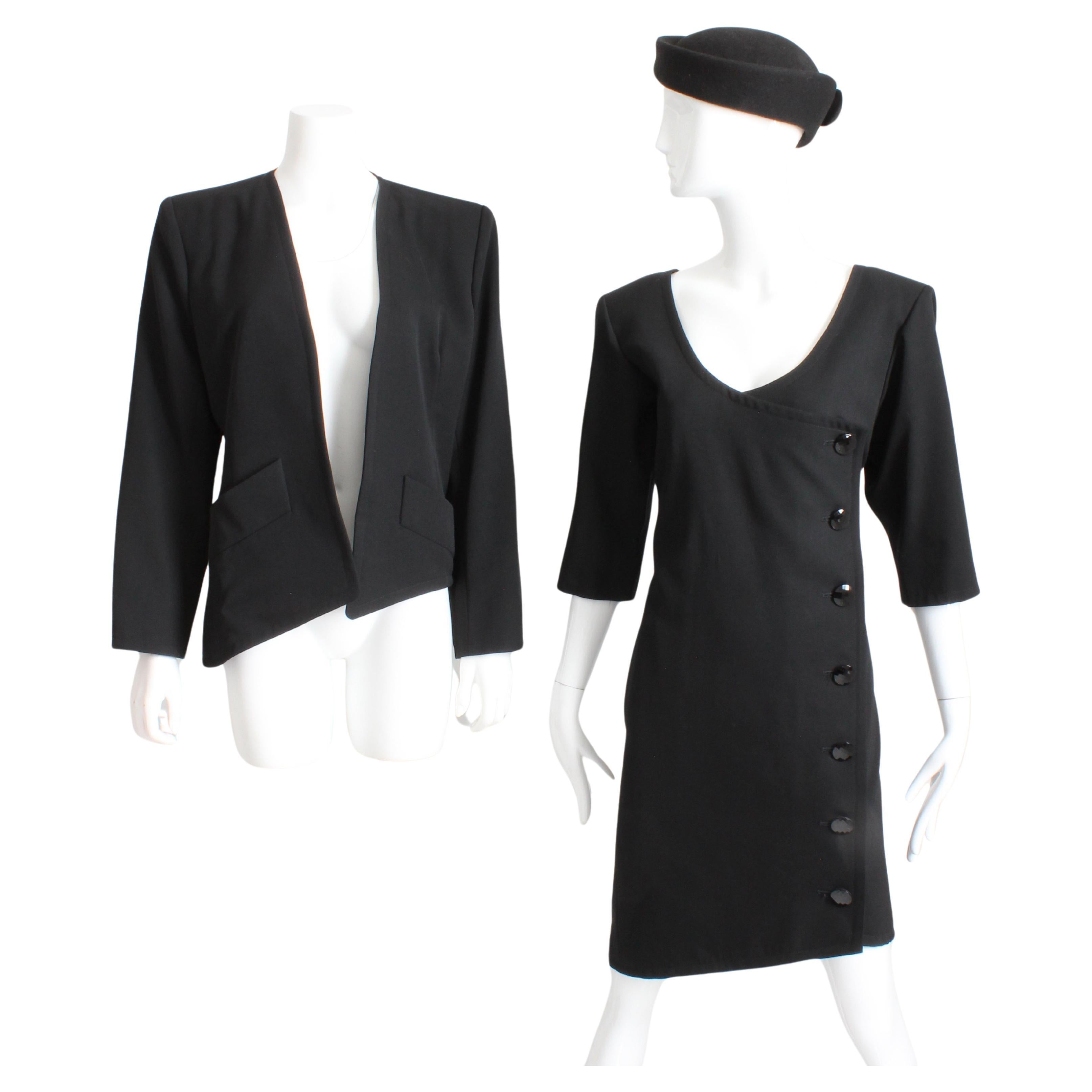 Ensemble robe et veste Yves Saint Laurent 2 pièces en laine noire YSL Rive Gauche des années 90 Taille 40 en vente