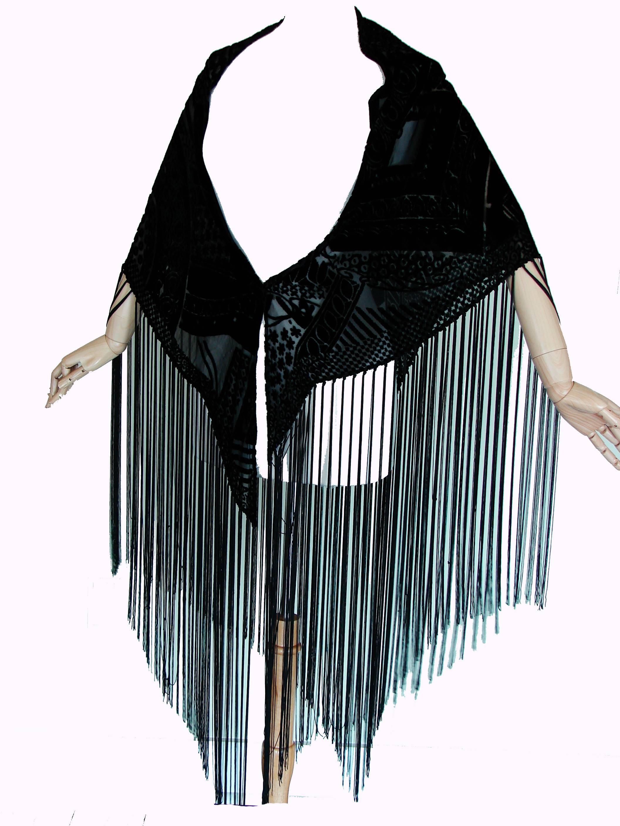 Giorgio Armani Large Black Shawl with Fringe Abstract Velvet Burnout, 1990s In Excellent Condition In Port Saint Lucie, FL