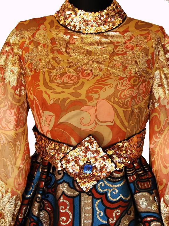 Burke Amey Evening Gown Belted Silk + Bold Brocade Tapestry Dress Sz S