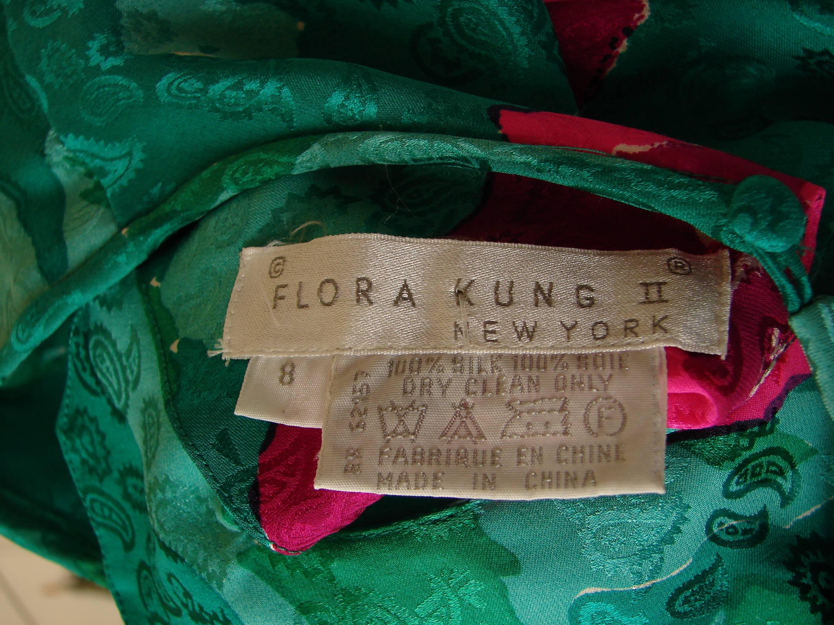 Flora Kung 2pc Emerald + Pink Silk Floral Blouse + Skirt Ensemble Size 8 1980s 2