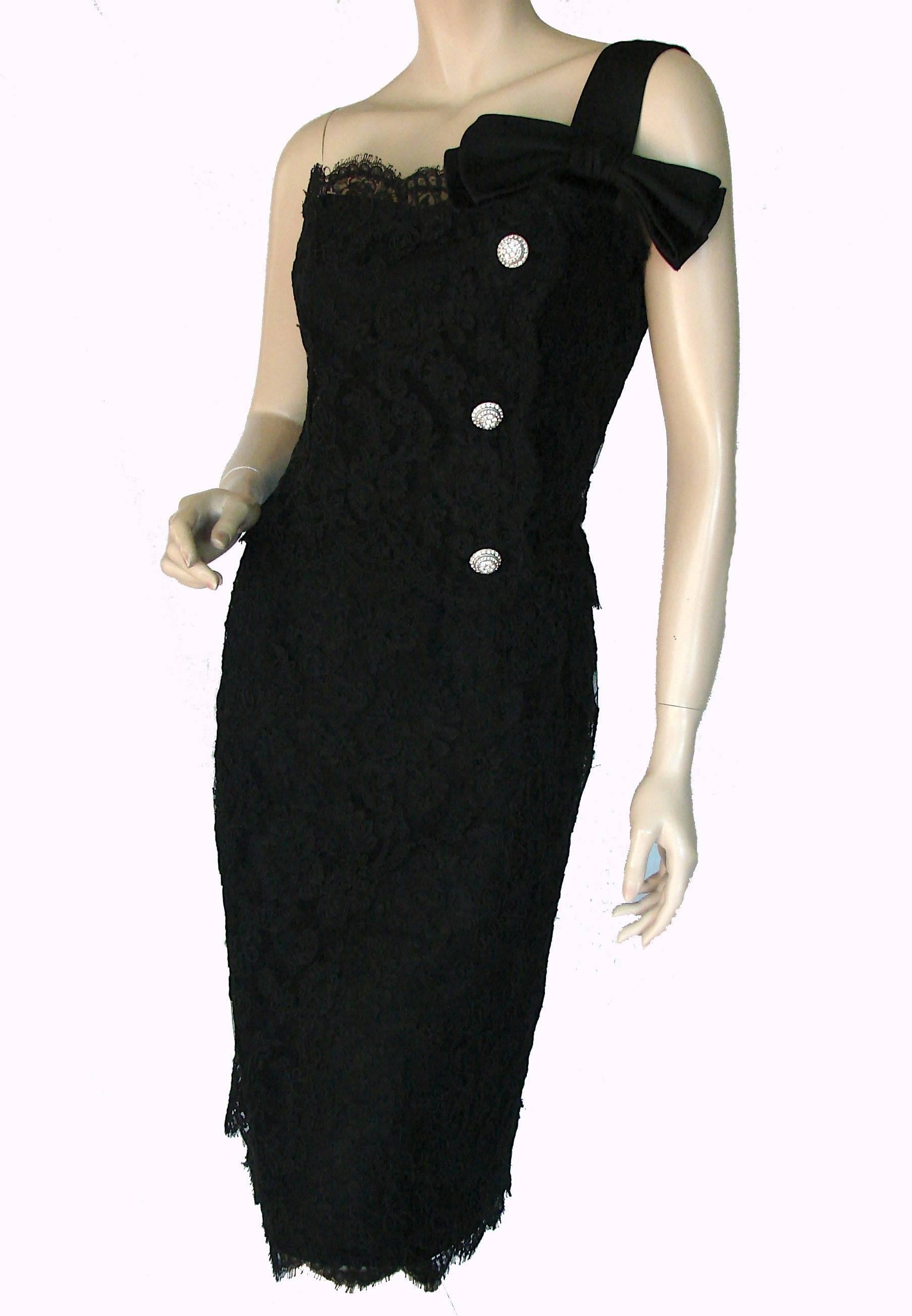 Women's Harvey Berin Black Lace One Shoulder Cocktail Dress Rhinestone Buttons 60s sz12