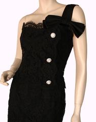 Harvey Berin Black Lace One Shoulder Cocktail Dress Rhinestone Buttons 60s sz12