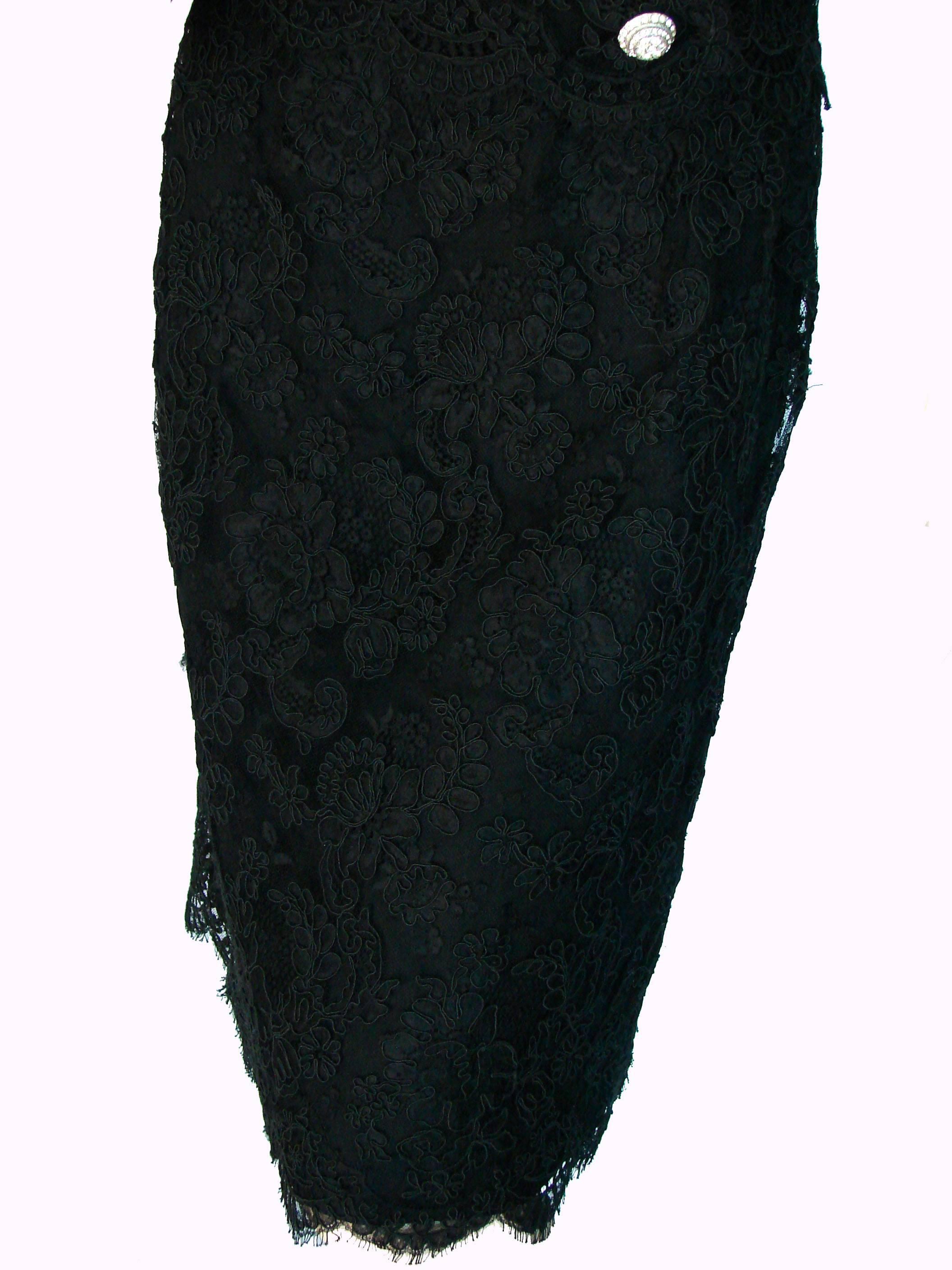 Harvey Berin Black Lace One Shoulder Cocktail Dress Rhinestone Buttons 60s sz12 In Excellent Condition In Port Saint Lucie, FL