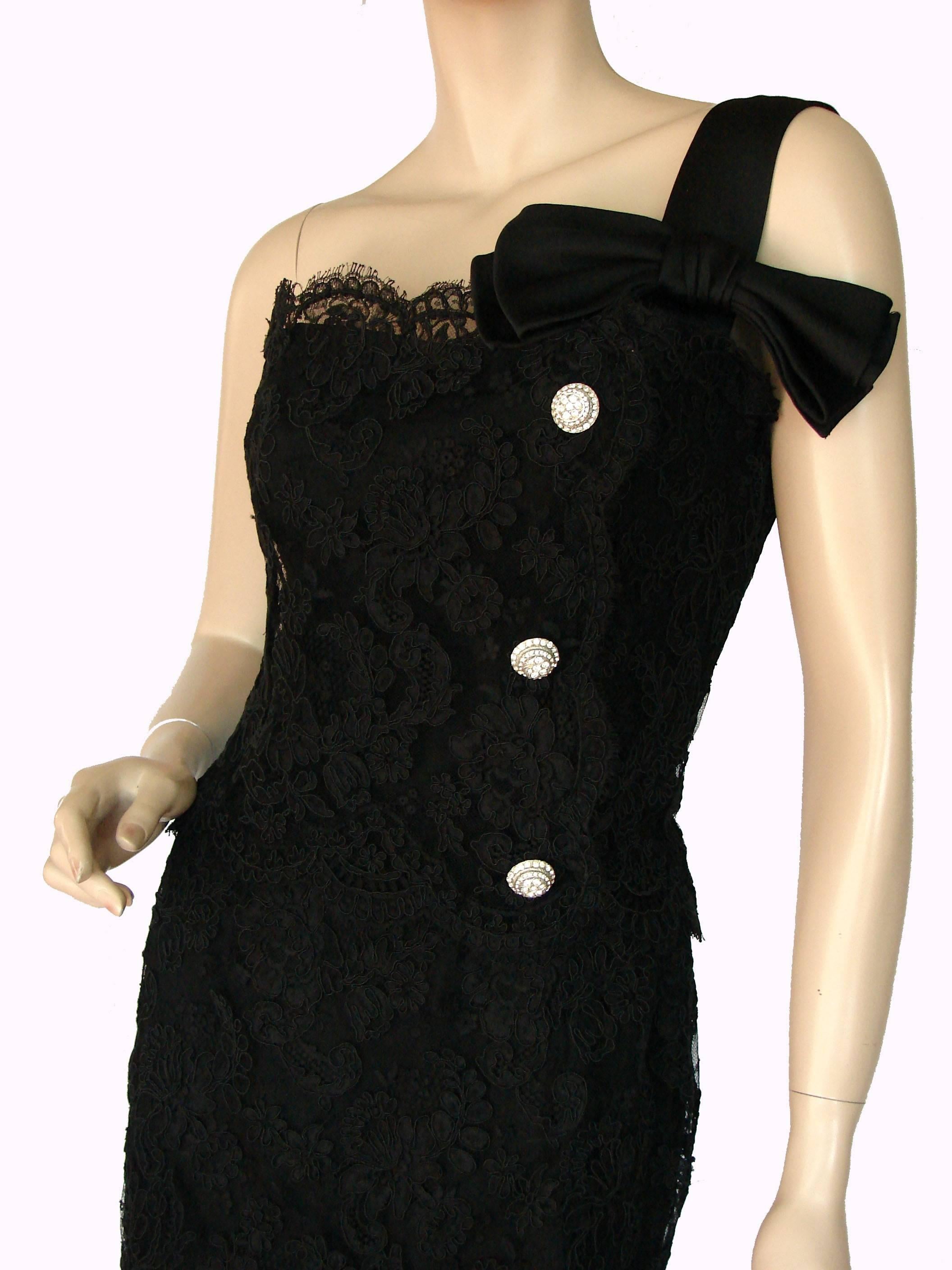 Harvey Berin Black Lace One Shoulder Cocktail Dress Rhinestone Buttons 60s sz12 2