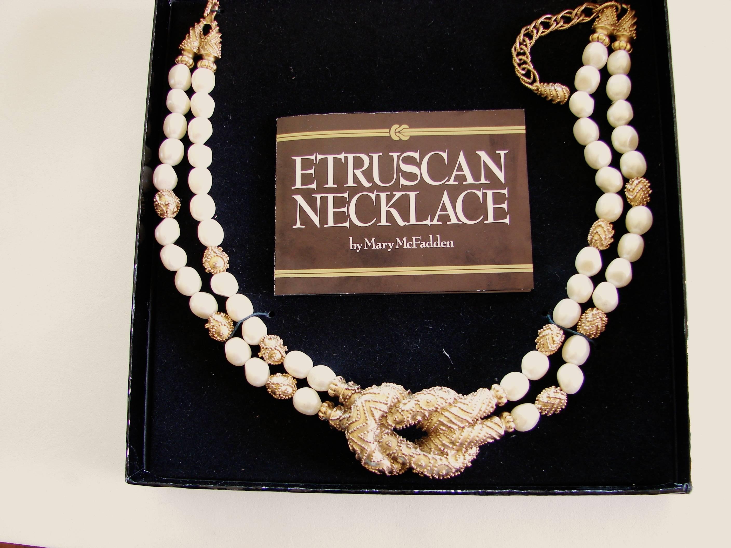 Etruscan Revival Mary McFadden Etruscan Necklace Faux Pearl Double Strand + Gold Beads + Box 80s