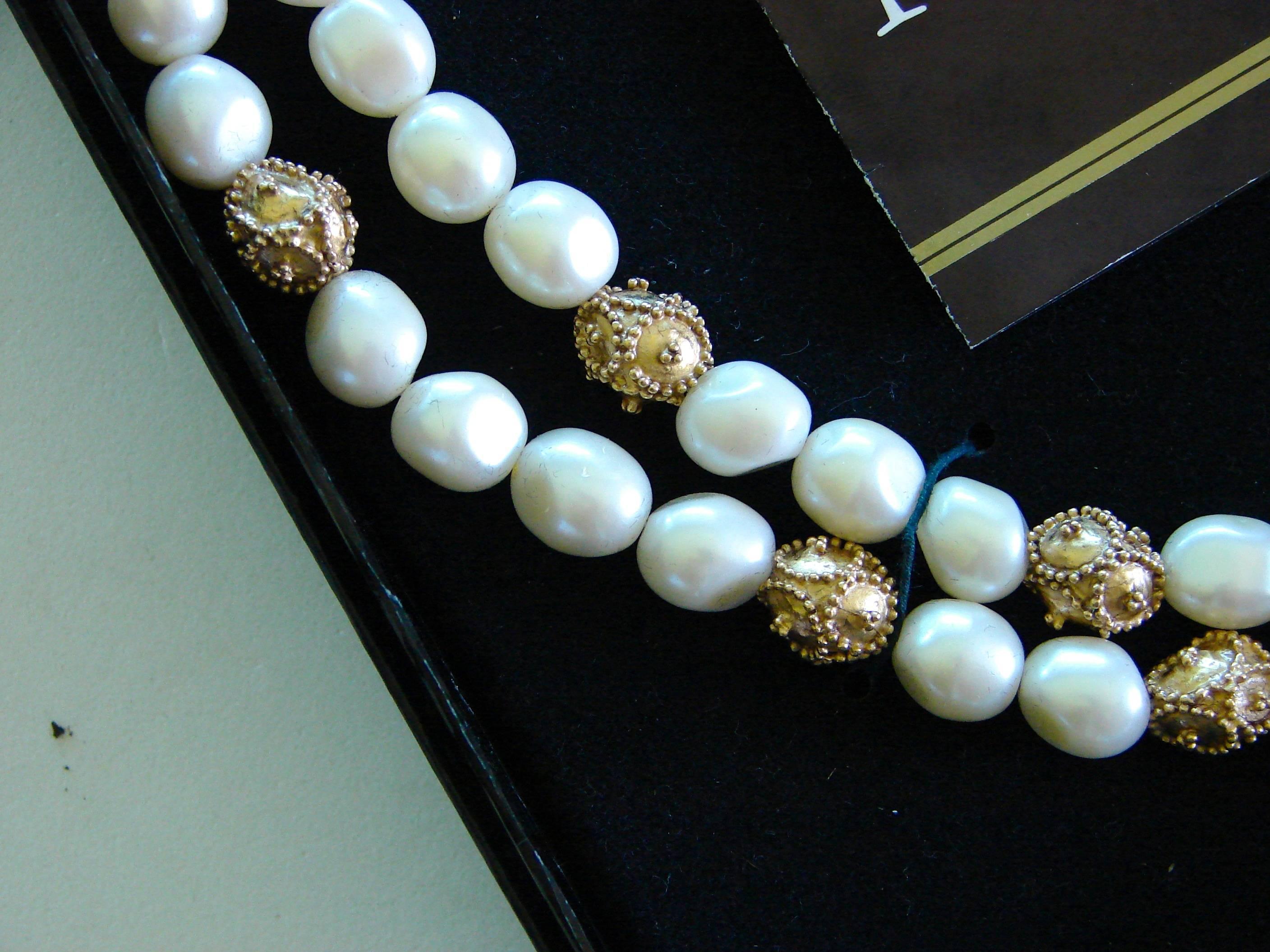 Women's Mary McFadden Etruscan Necklace Faux Pearl Double Strand + Gold Beads + Box 80s