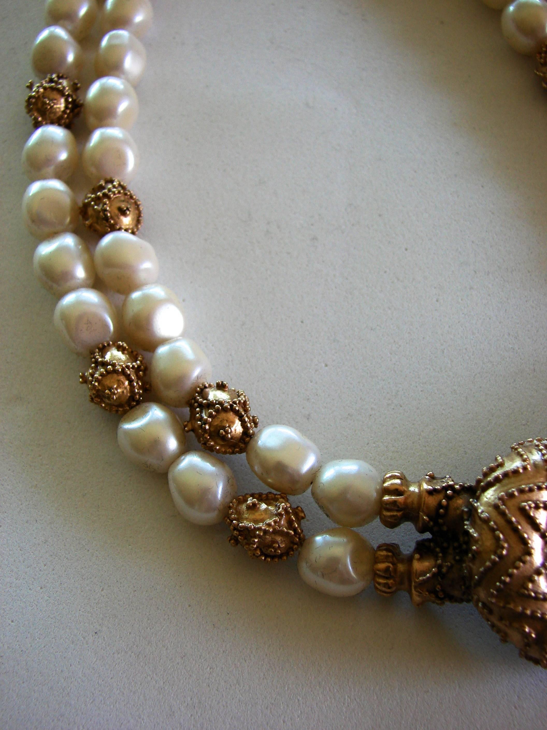 Mary McFadden Etruscan Necklace Faux Pearl Double Strand + Gold Beads + Box 80s 1