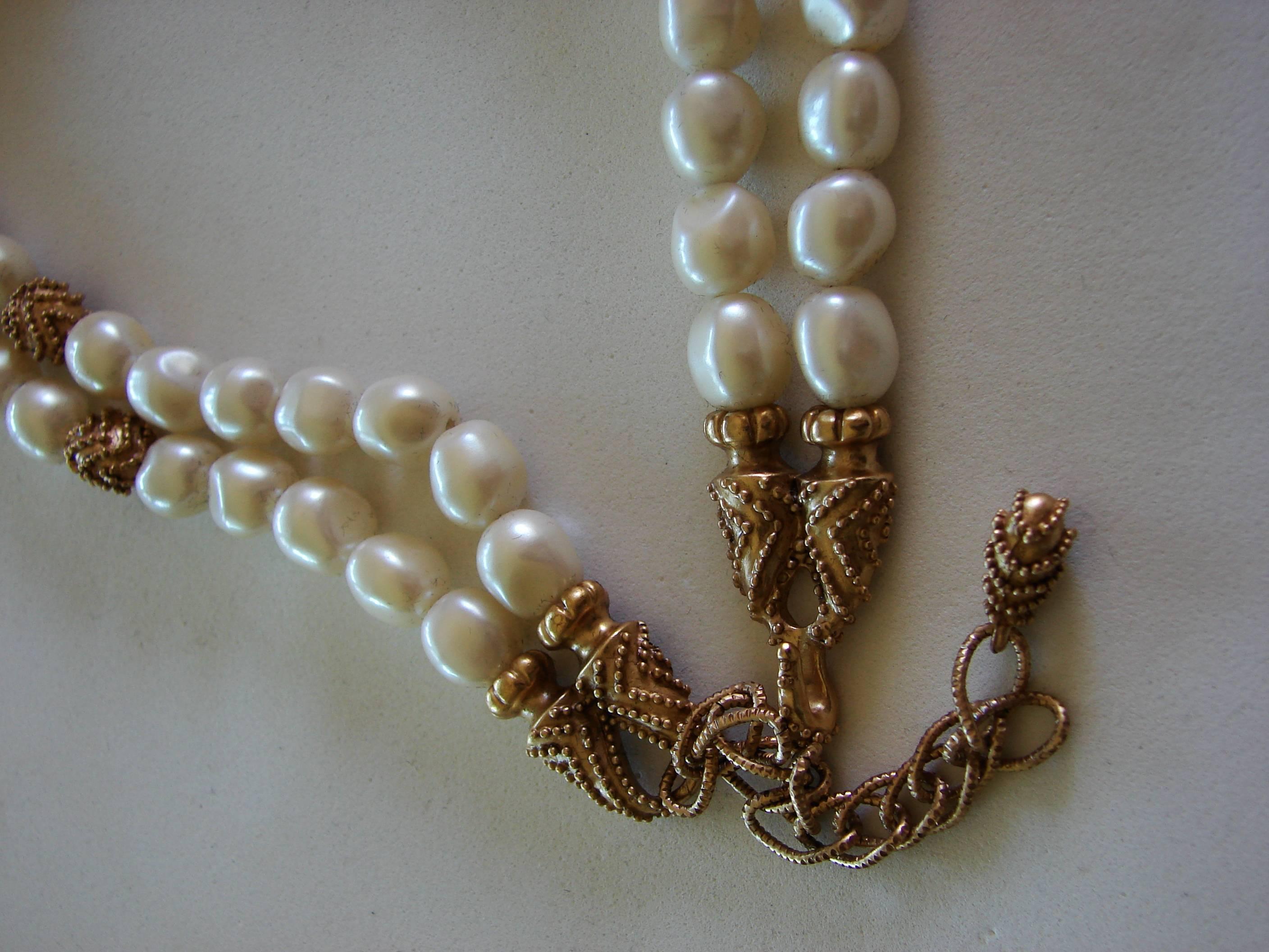 Mary McFadden Etruscan Necklace Faux Pearl Double Strand + Gold Beads + Box 80s 3
