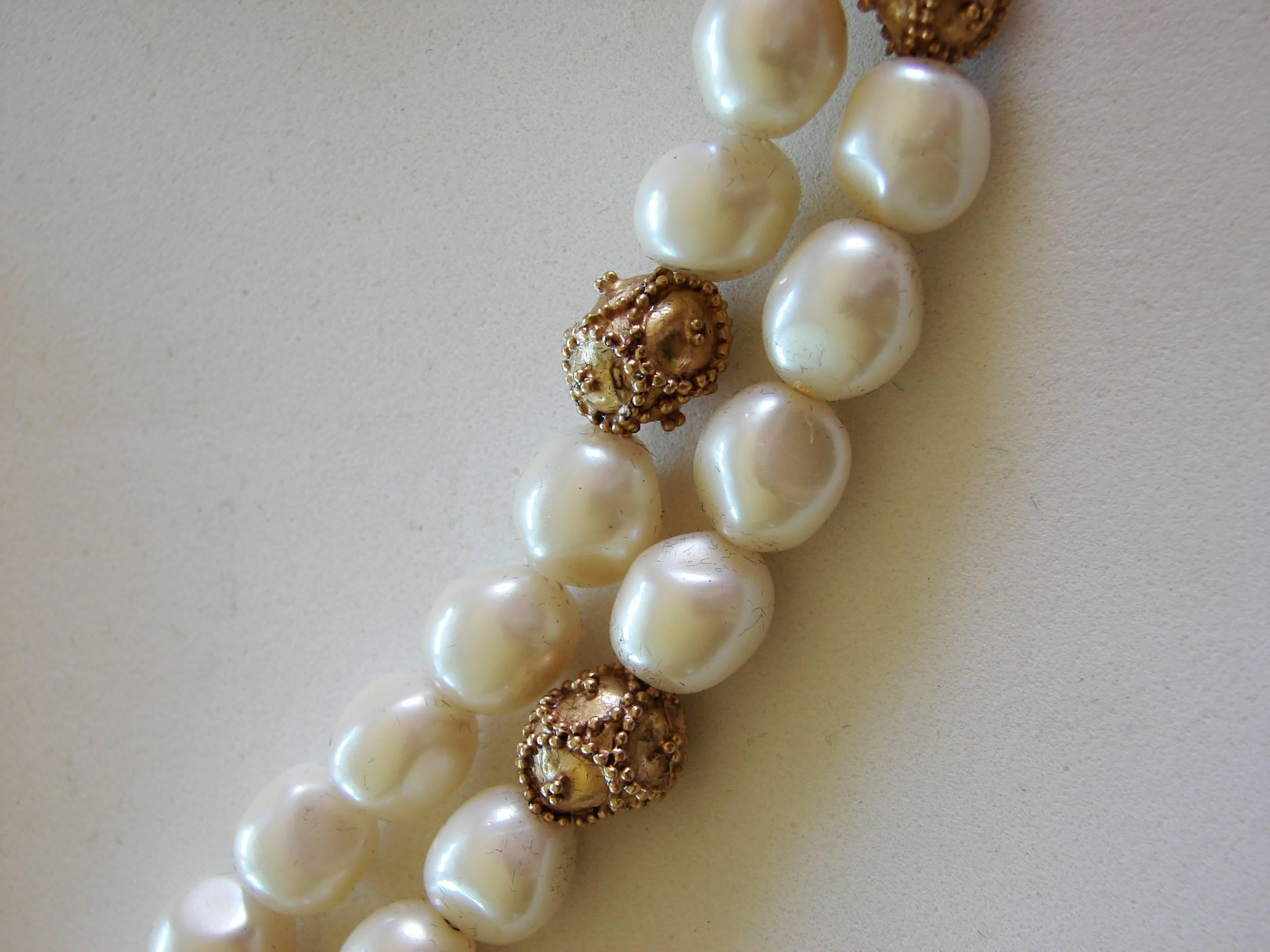 Mary McFadden Etruscan Necklace Faux Pearl Double Strand + Gold Beads + Box 80s 2