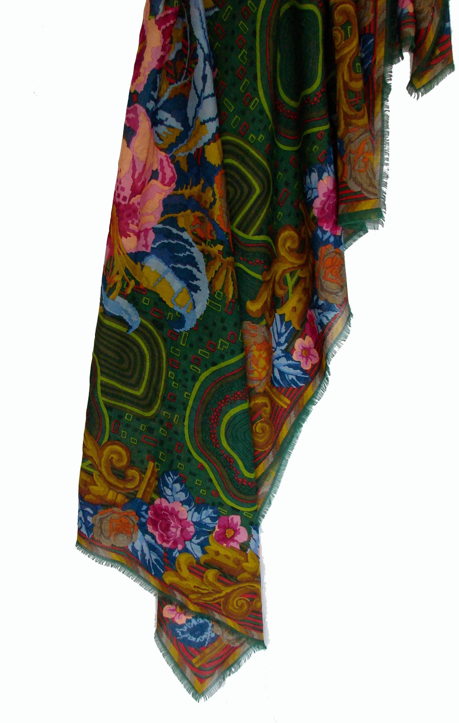 Christian Lacroix Vintage Bold Floral Print 46 inch Wool Blend Shawl Scarf  3