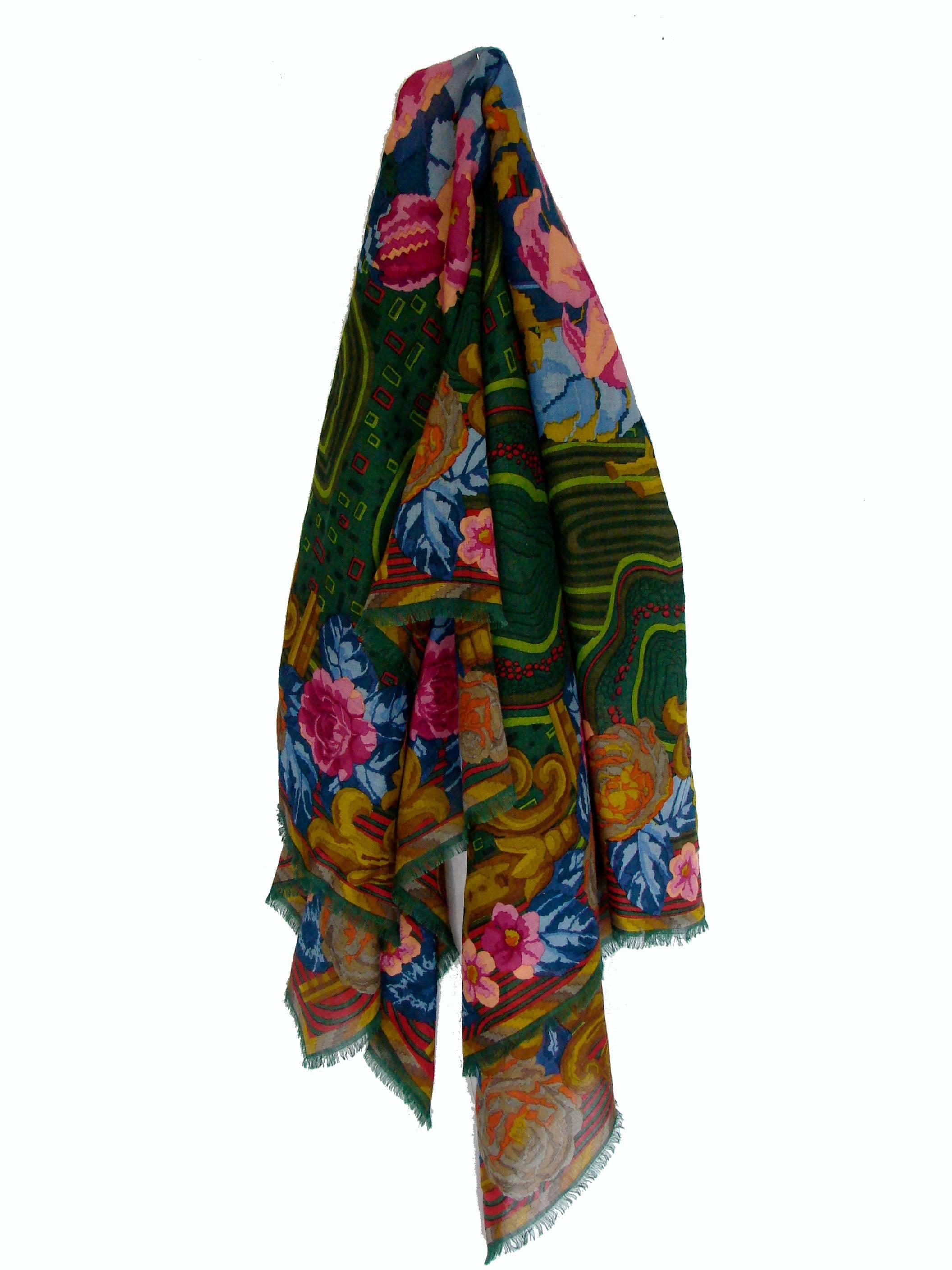 Christian Lacroix Vintage Bold Floral Print 46 inch Wool Blend Shawl Scarf  1