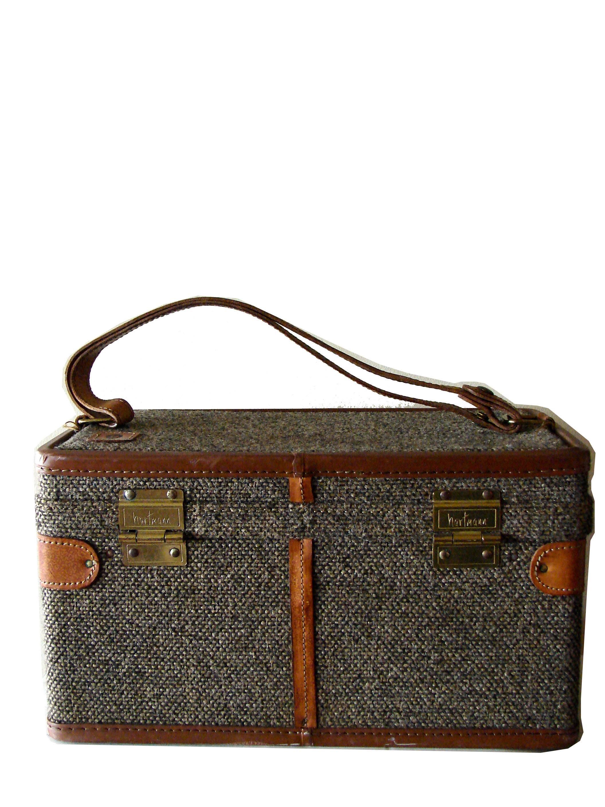 Women's or Men's 1970s Hartmann Tweed + Leather Train Case with Toile Lining + Adjustable Strap 