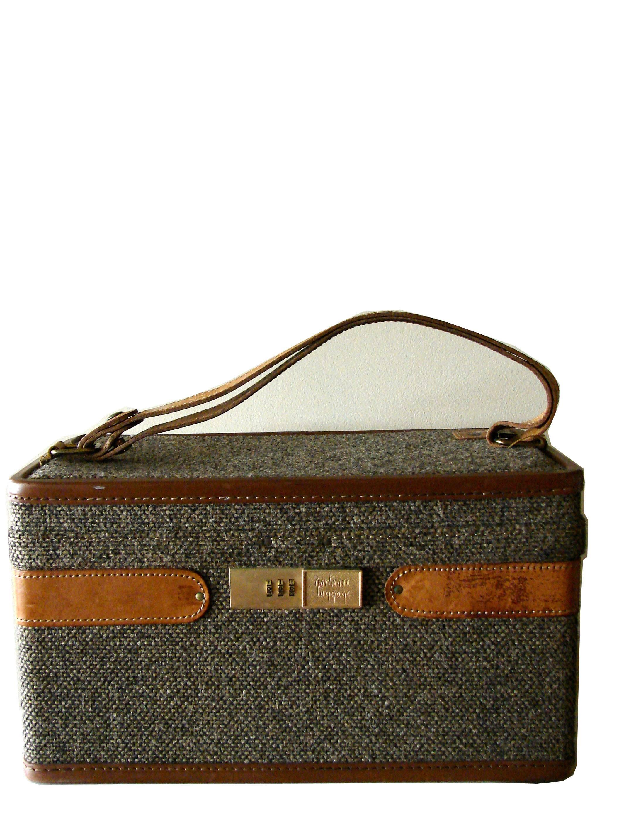 1970s Hartmann Tweed + Leather Train Case with Toile Lining + Adjustable Strap  1