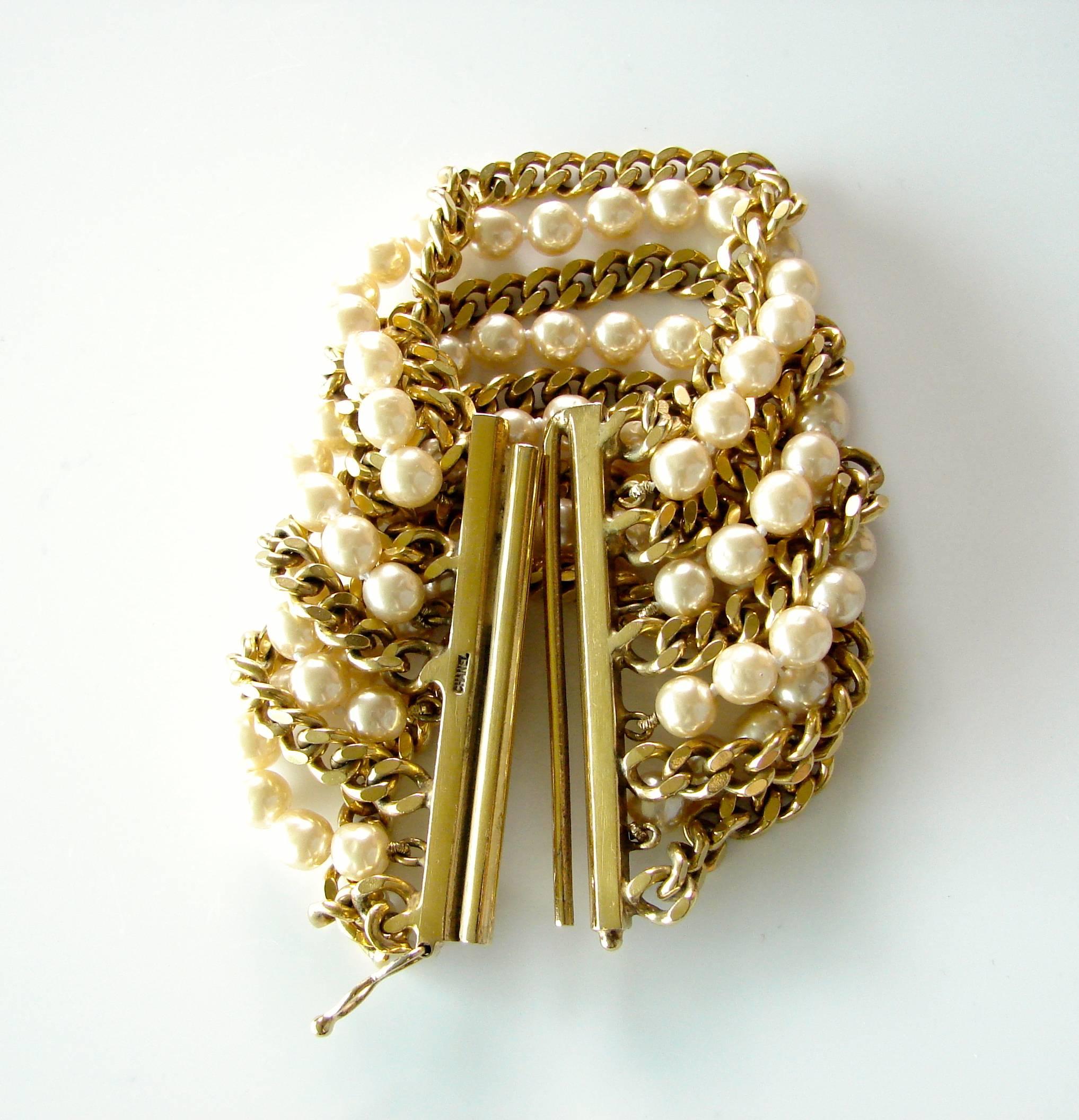 Women's Chanel Pearl and Gold Chain Bracelet Rare Multi Strand, 1970s 