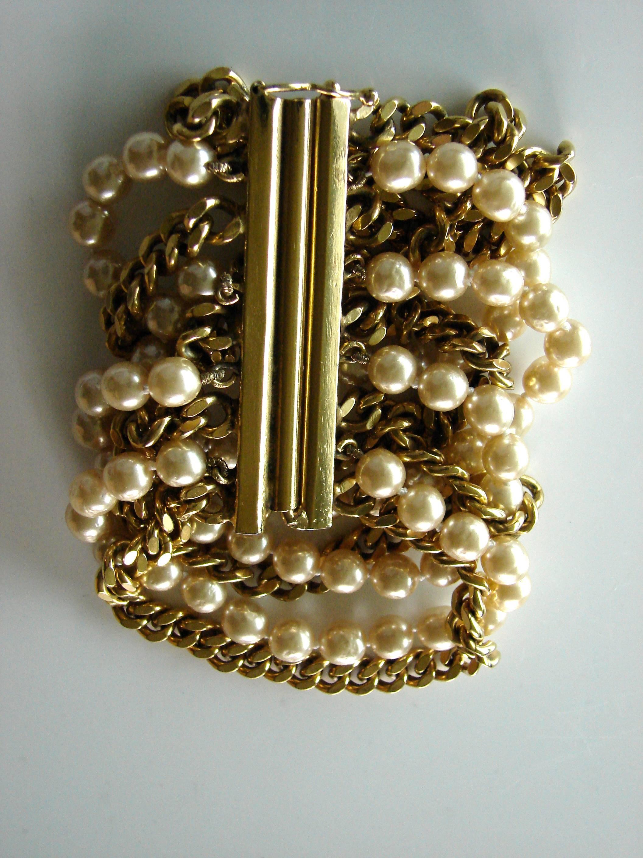 Chanel Pearl and Gold Chain Bracelet Rare Multi Strand, 1970s  1