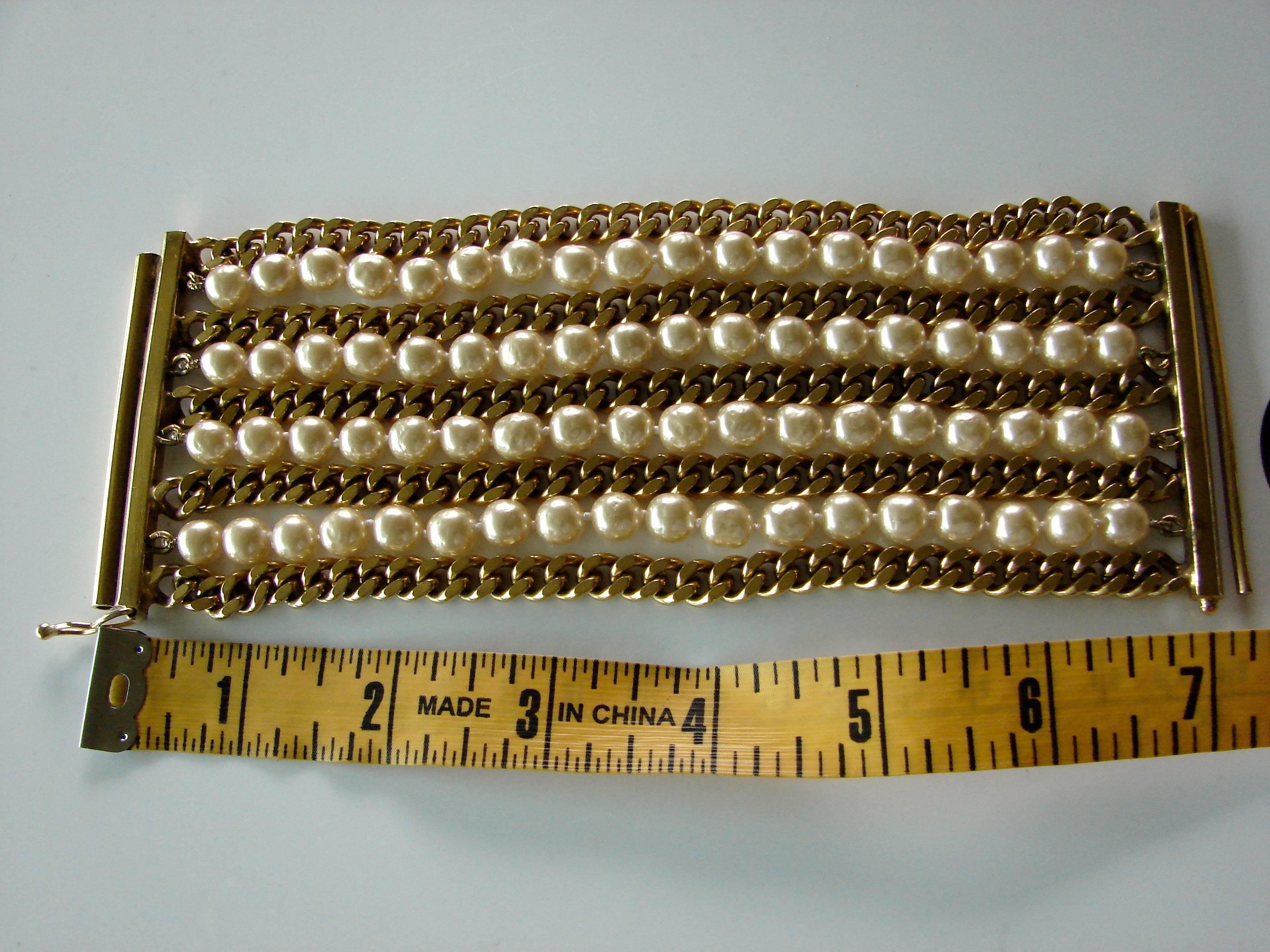 Chanel Pearl and Gold Chain Bracelet Rare Multi Strand, 1970s  In Good Condition In Port Saint Lucie, FL