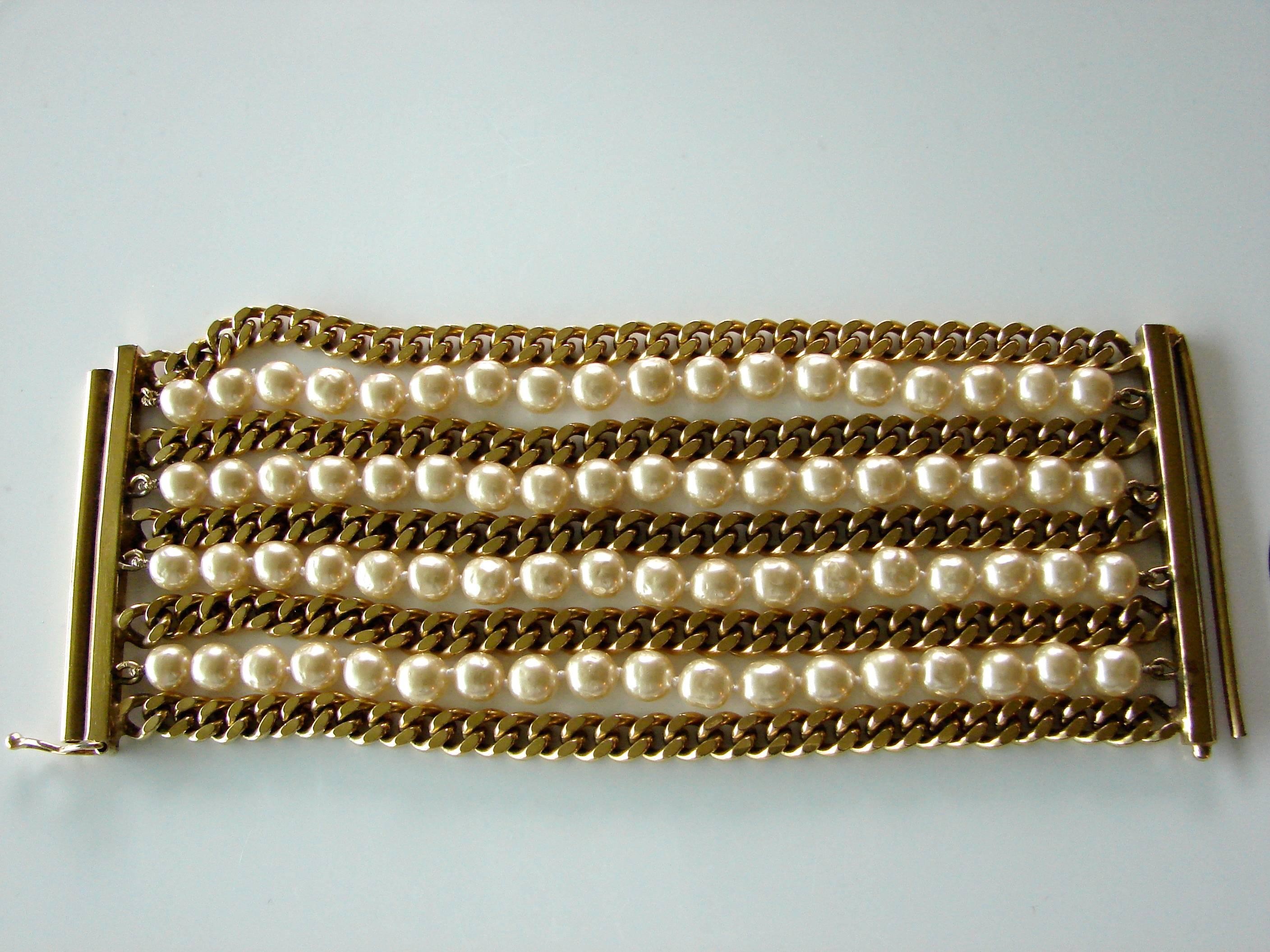 Contemporary Chanel Pearl and Gold Chain Bracelet Rare Multi Strand, 1970s 