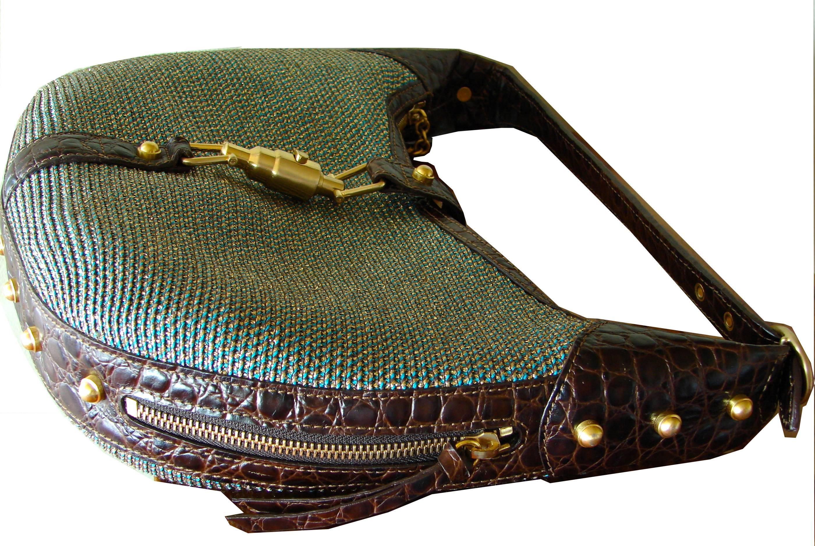 Black Eric Javits Bag Gold Studded Squishee Hobo with Crocodile Leather Trim + Mirror