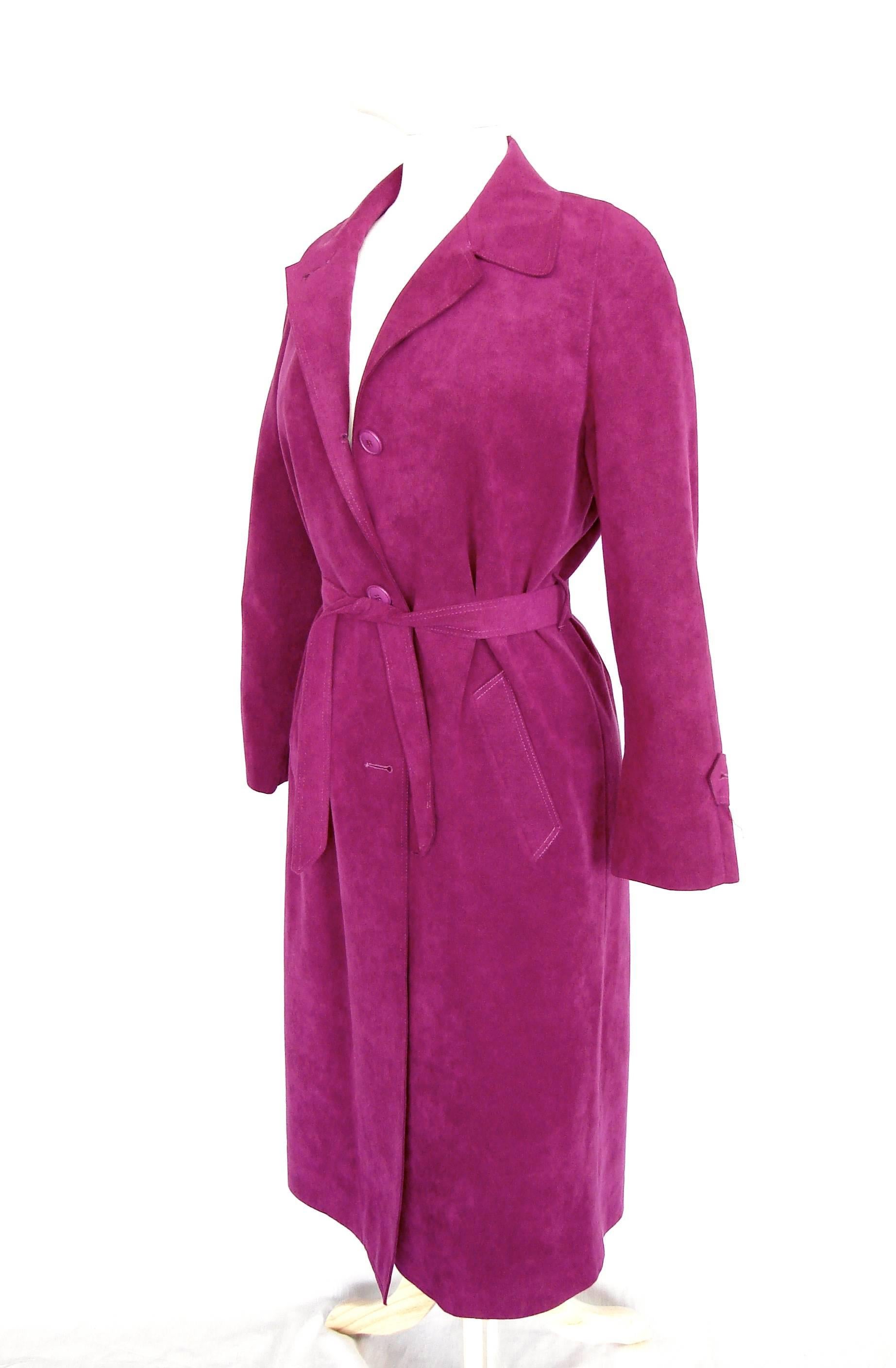 Lilli Ann Vibrant Magenta Ultrasuede Belted Trench Coat Size M 1970s 2
