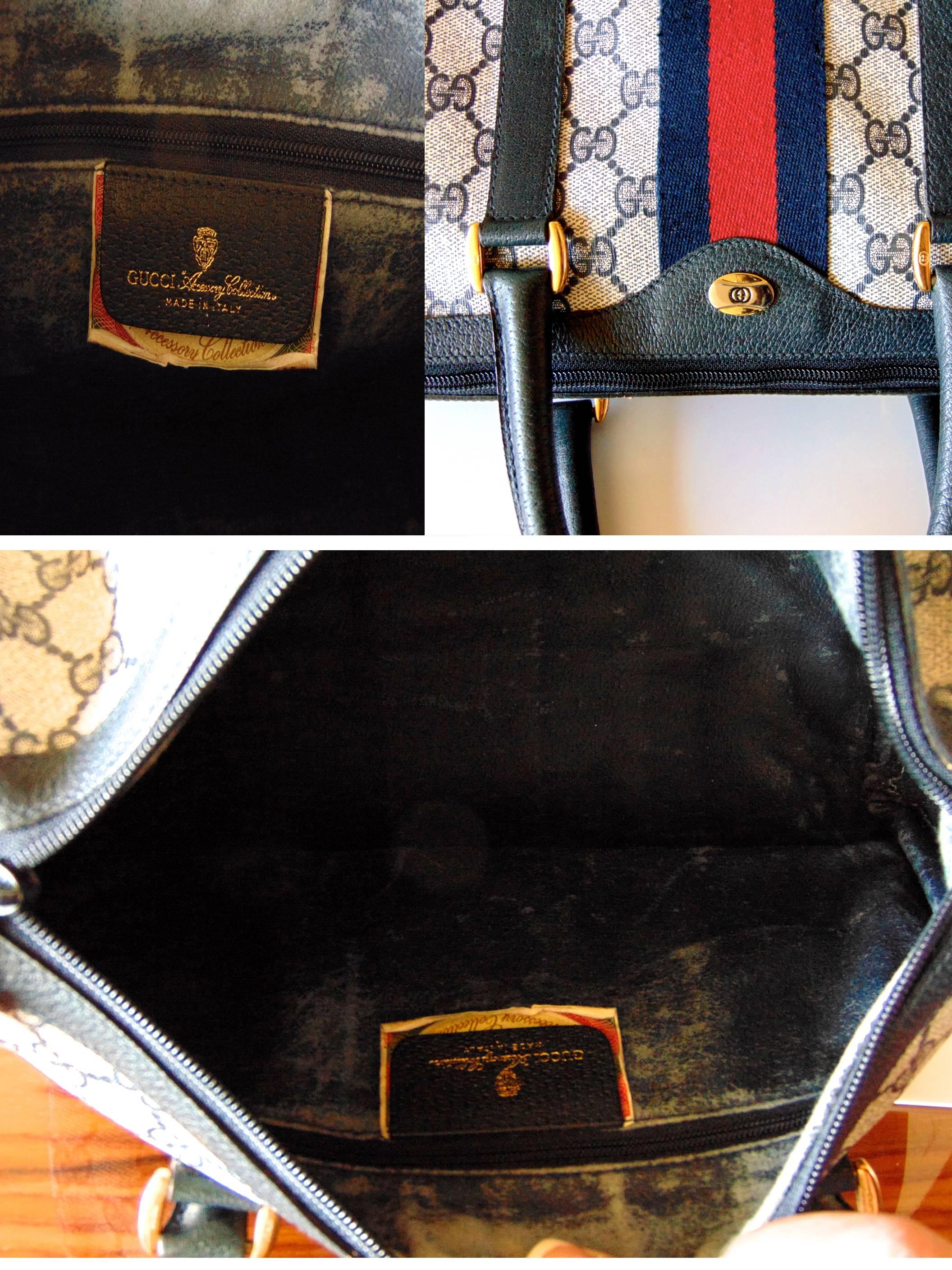Iconic Gucci Navy Leather + Monogram Canvas Web Boston Bag Speedy Satchel 1980s 1