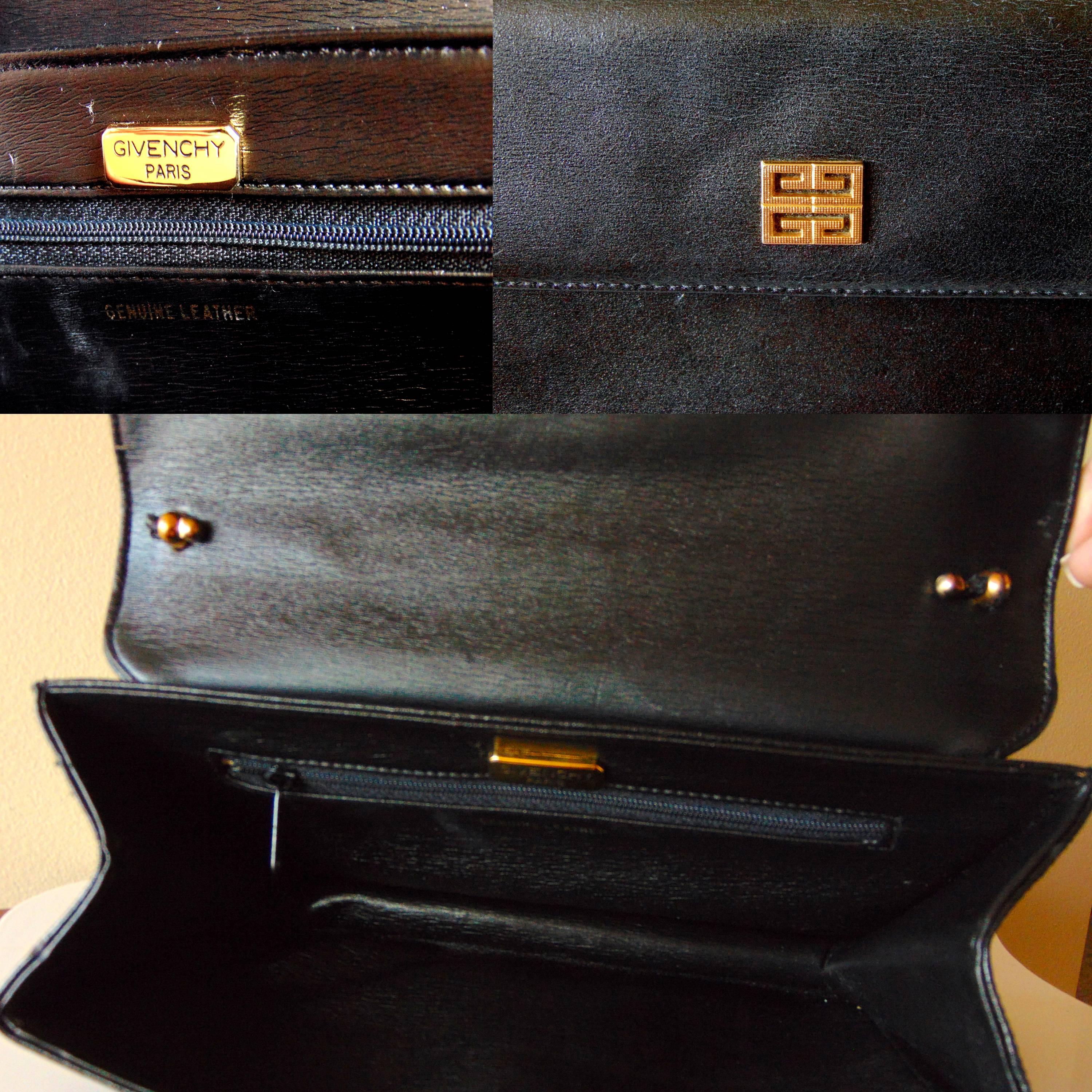 Chic Givenchy Black Leather Evening Bag with Gold Metal Top Handle 1980s 5