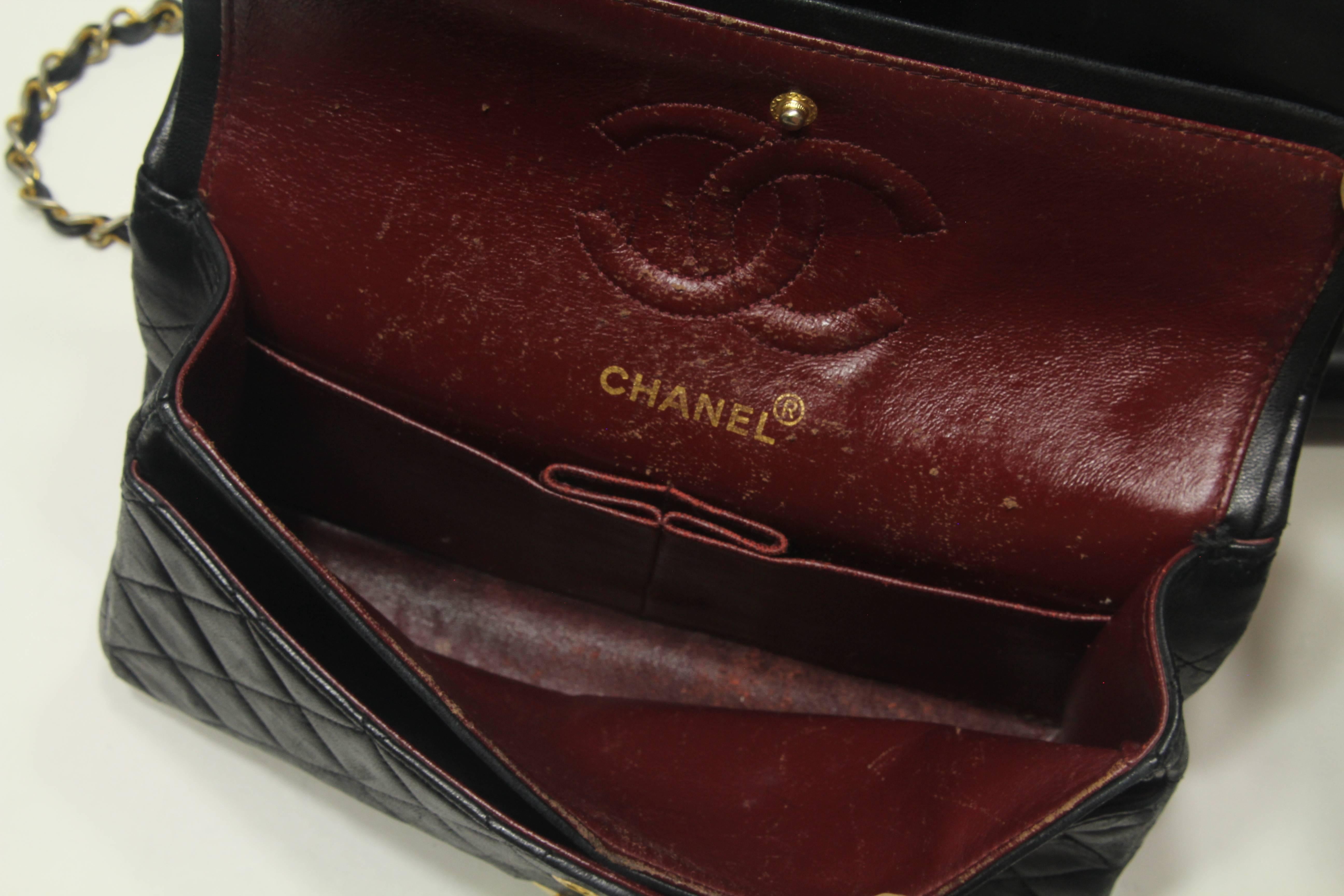 Women's Iconic Chanel Small Flap Bag Black Lambskin Leather Matelasse Vintage 1980s
