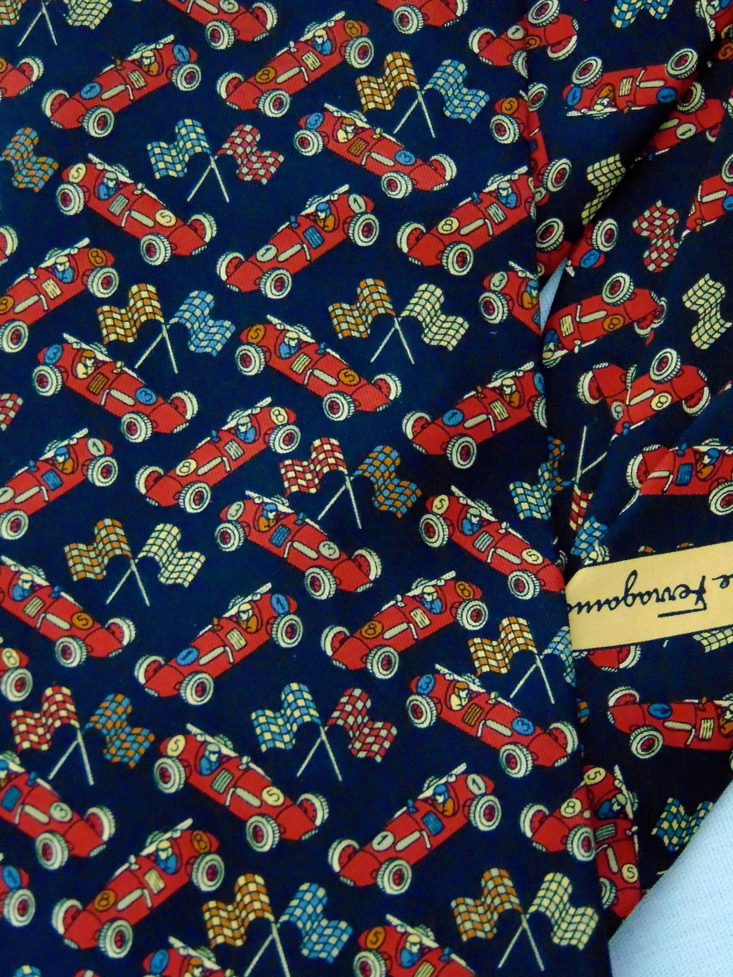 Salvatore Ferragamo Mens Silk Necktie Tie Automobile Cars Motif In Excellent Condition In Port Saint Lucie, FL