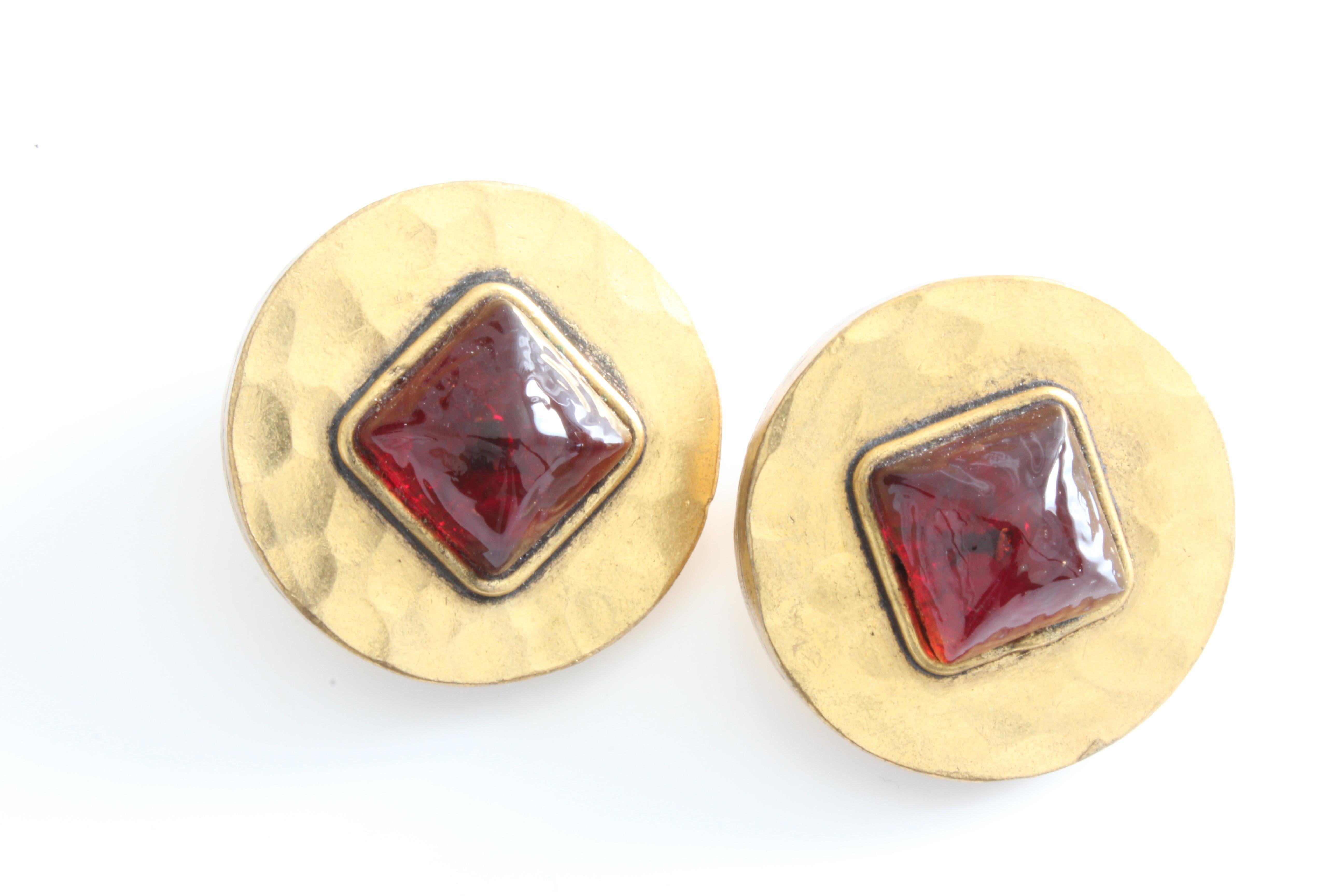 Contemporary Chanel Earrings Red Gripoix and Hammered Gold Metal 1970s Clip Vintage