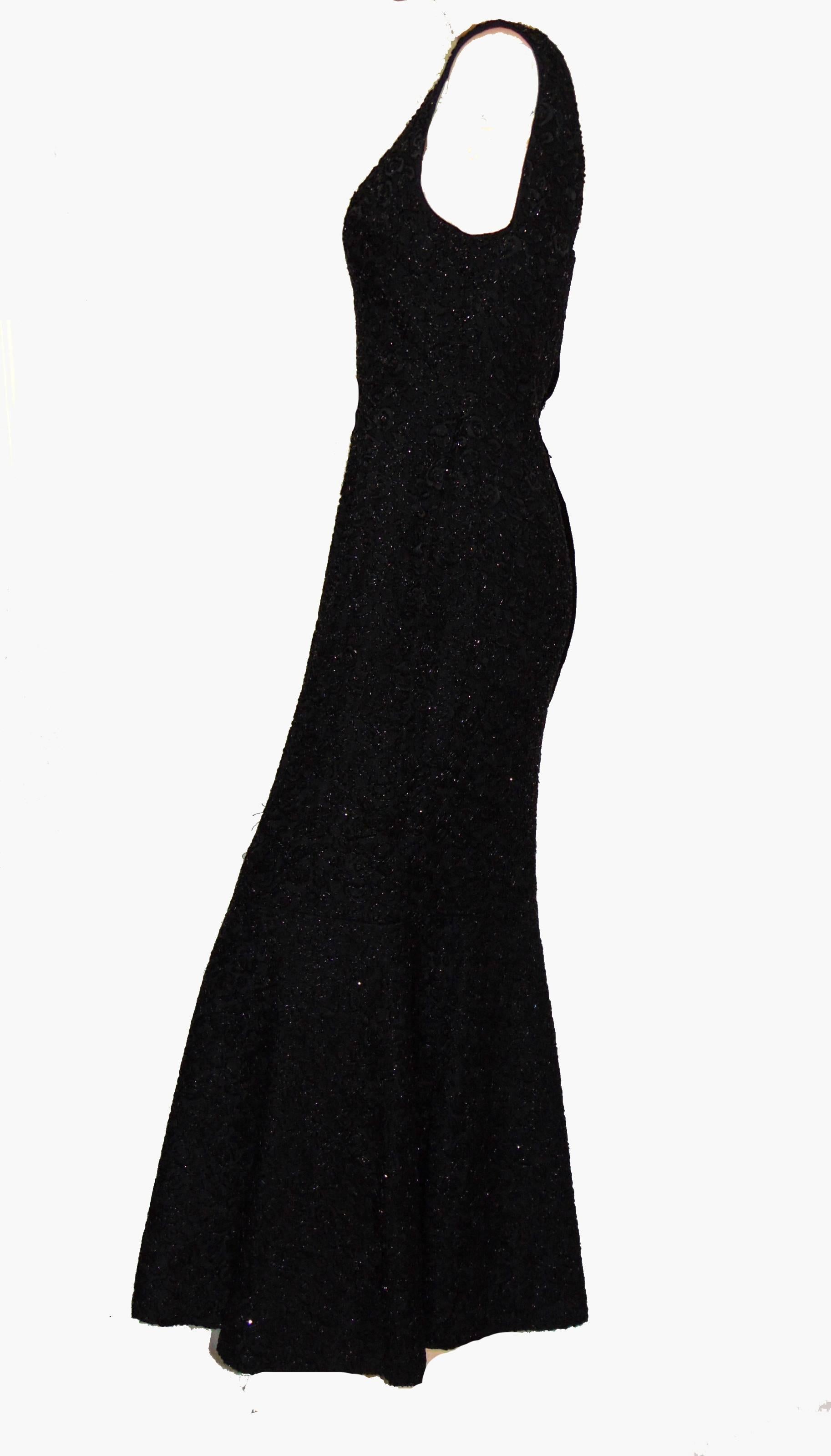 Women's Rare Mermaid Evening Gown Fishtail Hem Black Beaded Brocade 1960s Sz S
