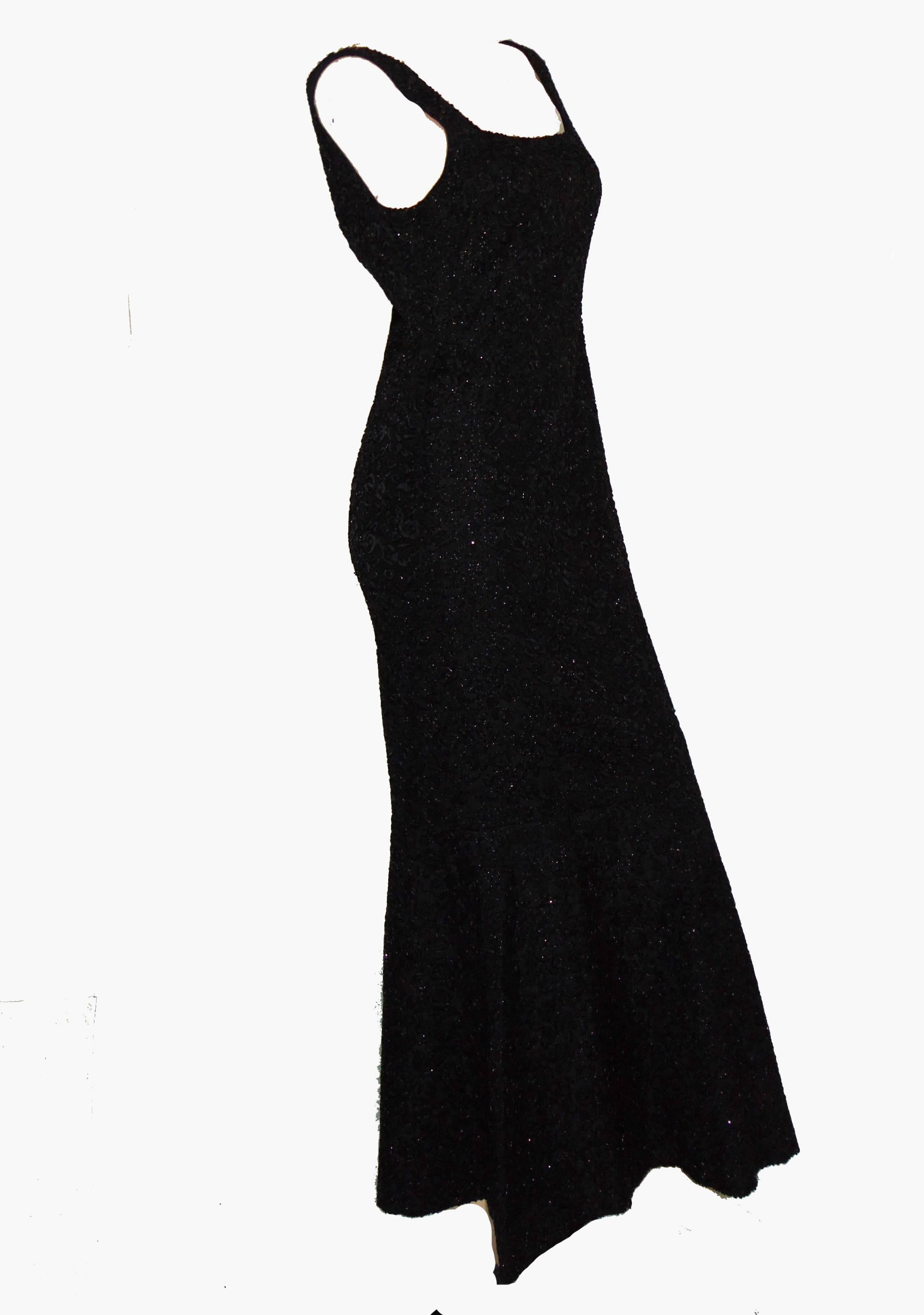 Rare Mermaid Evening Gown Fishtail Hem Black Beaded Brocade 1960s Sz S In Excellent Condition In Port Saint Lucie, FL