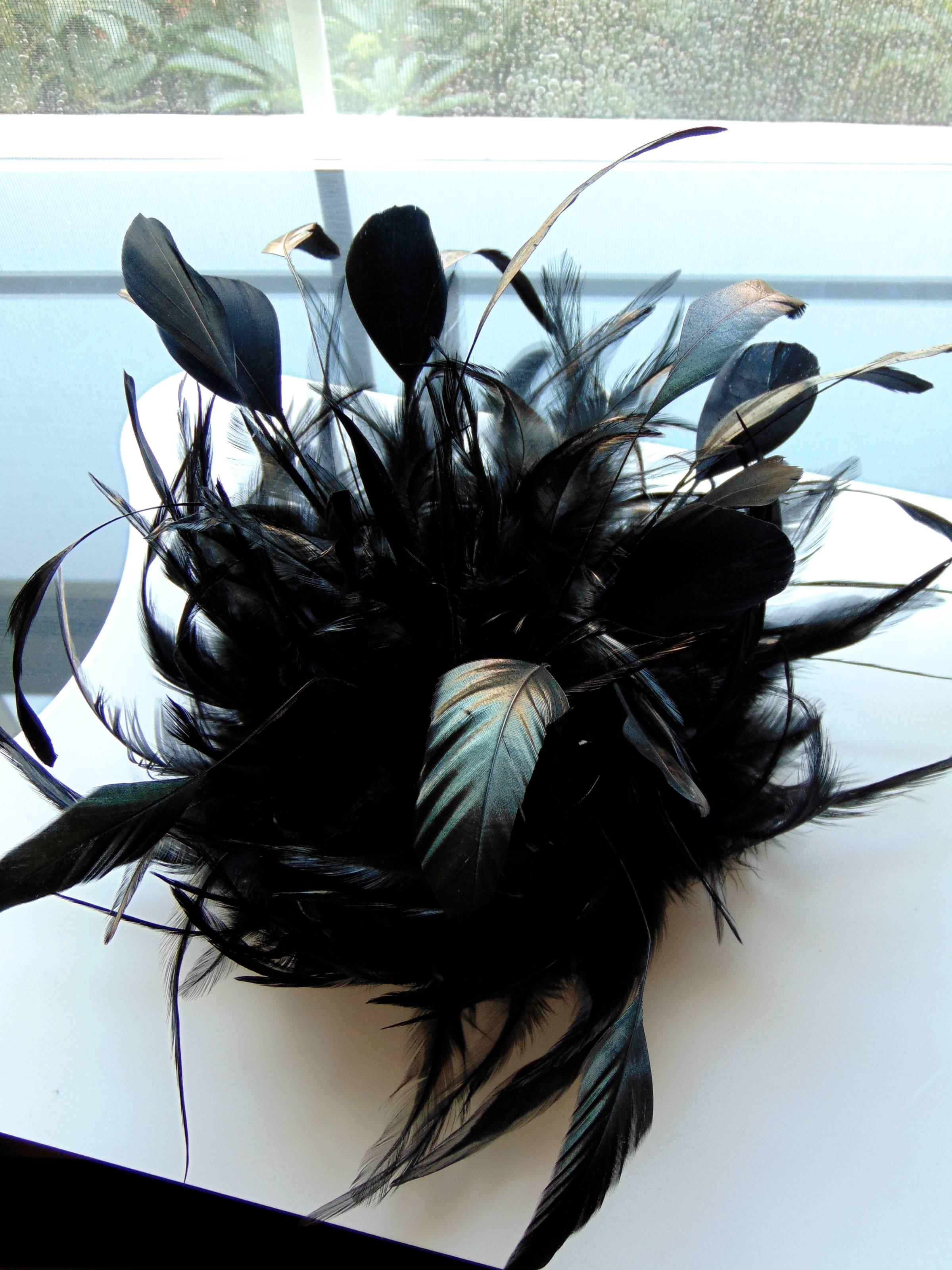 Rare Yves Saint Laurent Black Feather Hat or Cap 1970s One Size Fits Most 3