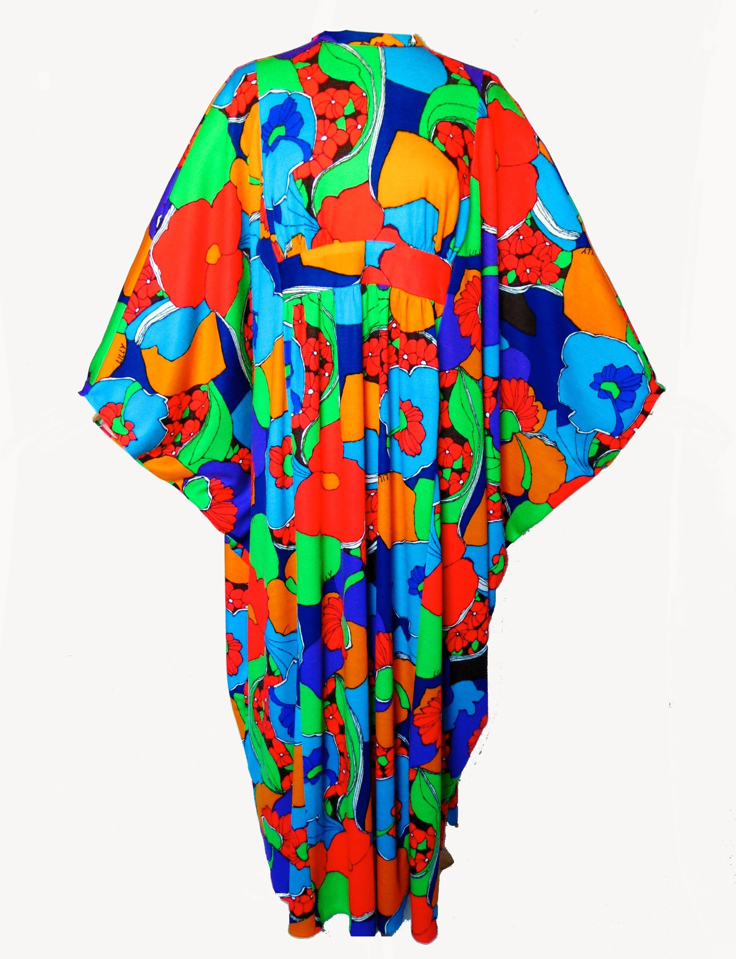 Blue Lilly Pulitzer Kaftan Dress Vibrant Graphic Floral Print One Size Fits Most 70s
