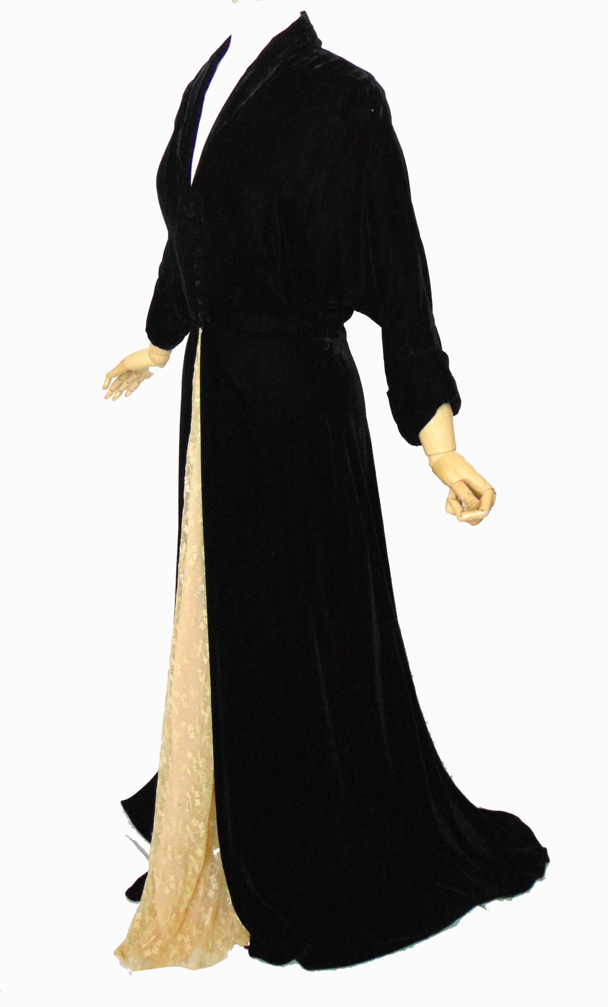 Beige 1940s Henri Bendel Black Velvet Evening Gown with Dolman Sleeves + Lace Insert 