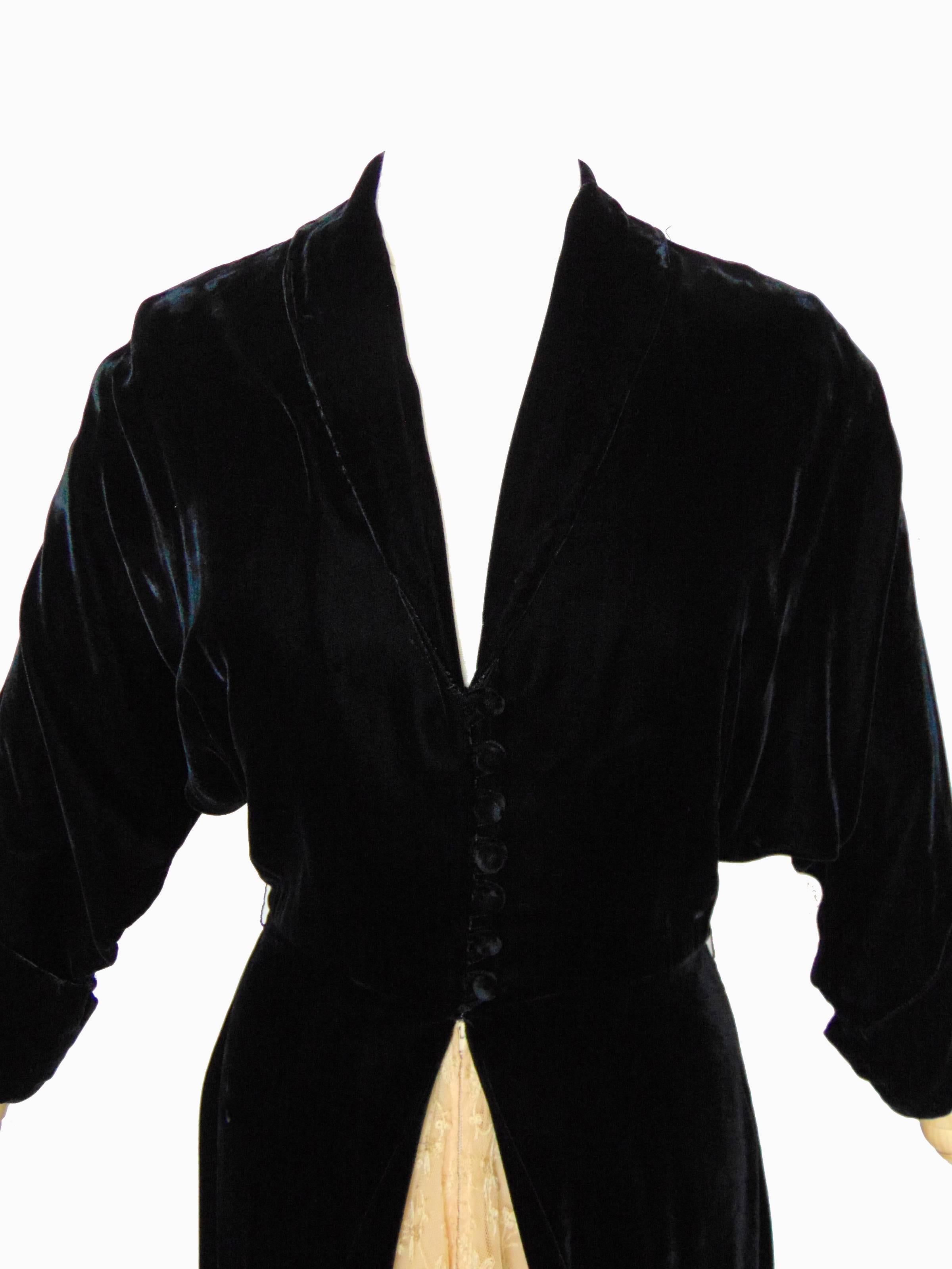 1940s Henri Bendel Black Velvet Evening Gown with Dolman Sleeves + Lace Insert  In Good Condition In Port Saint Lucie, FL