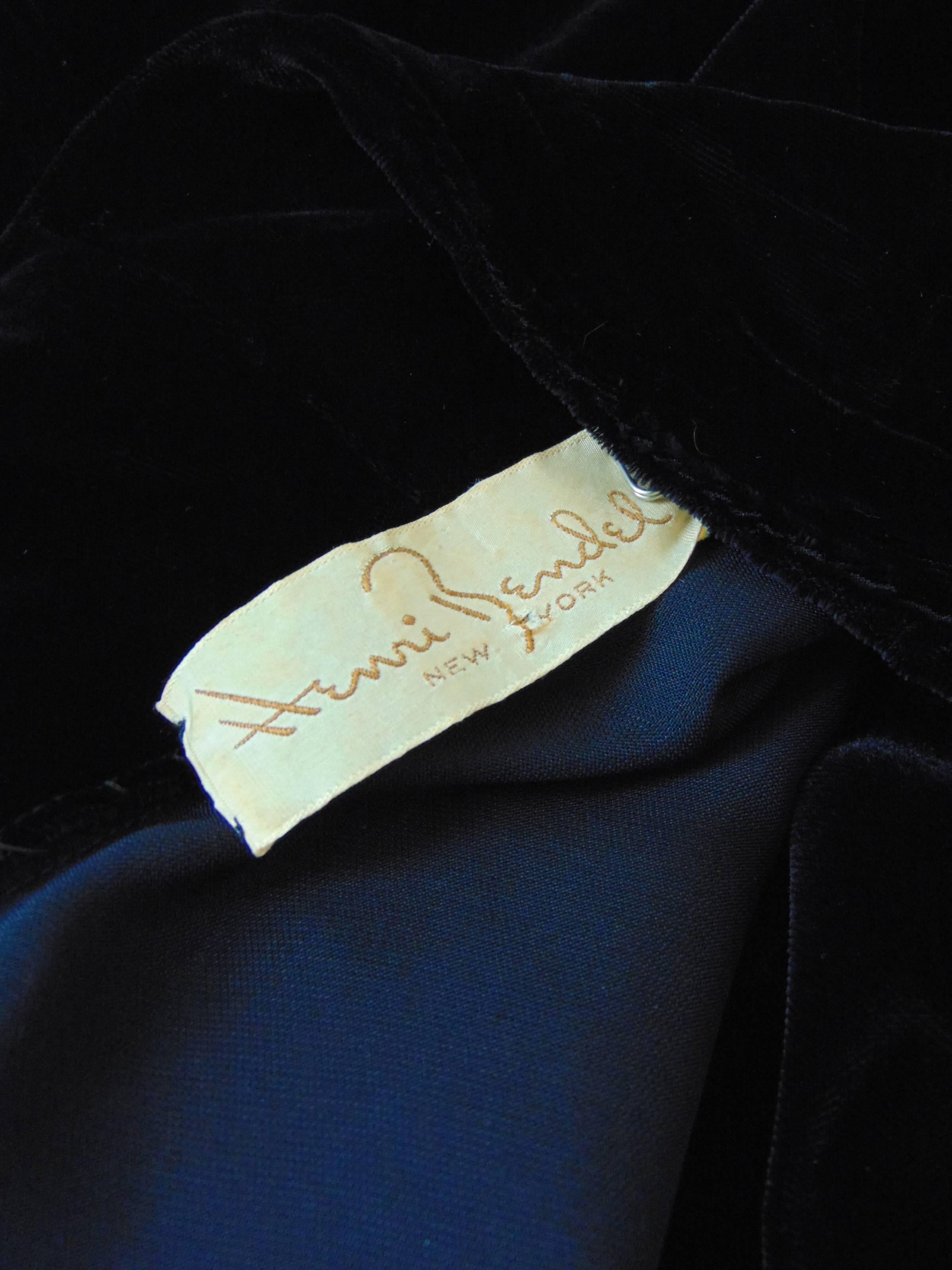 1940s Henri Bendel Black Velvet Evening Gown with Dolman Sleeves + Lace Insert  1