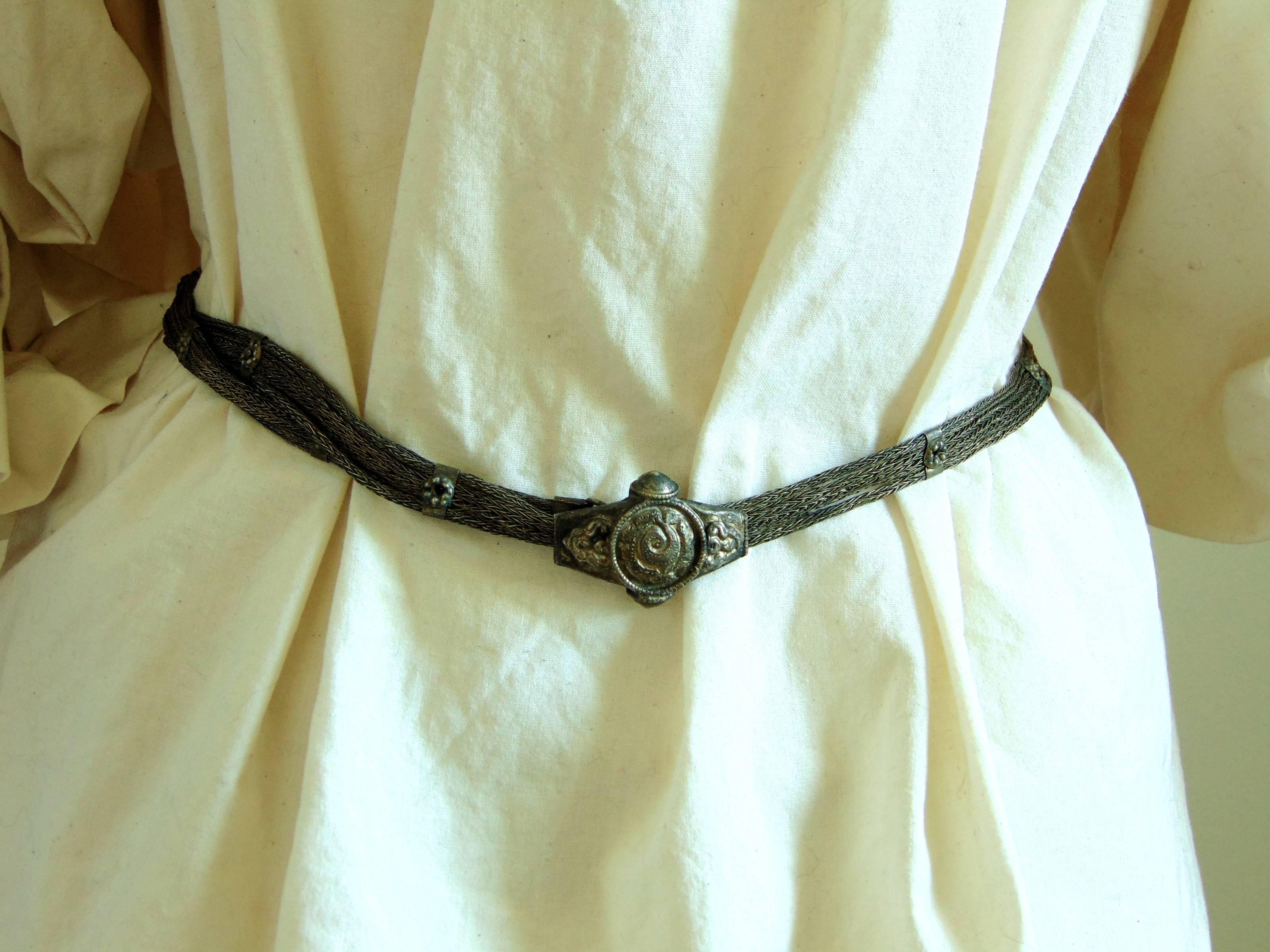 Women's Antique Rajasthani India Belt with Trichinopoly Chain Floral Motif Silver 1900s