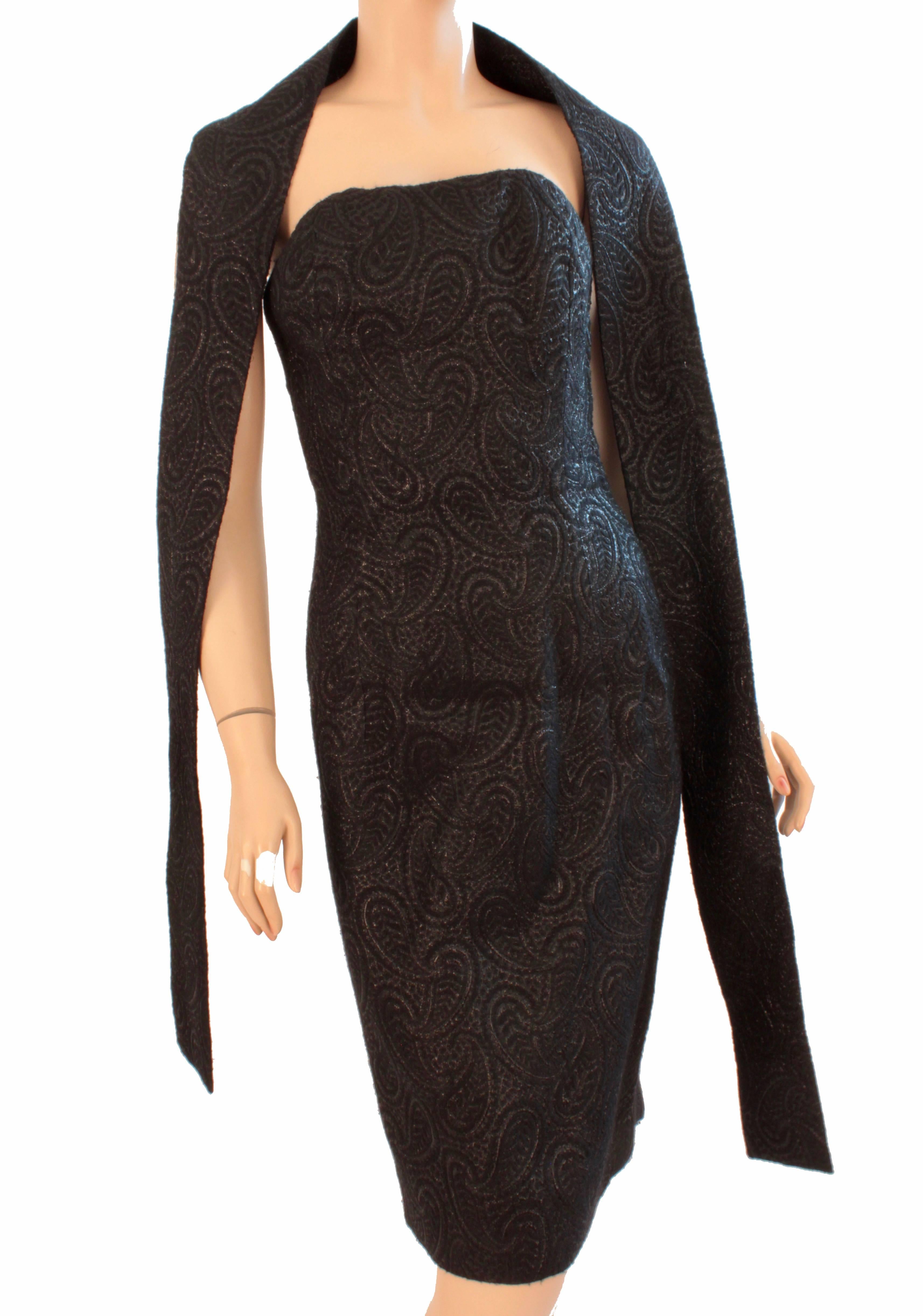 Givenchy Black Cocktail Dress with Wrap or Belt Paisley Lurex Silk, 1960s In Excellent Condition In Port Saint Lucie, FL