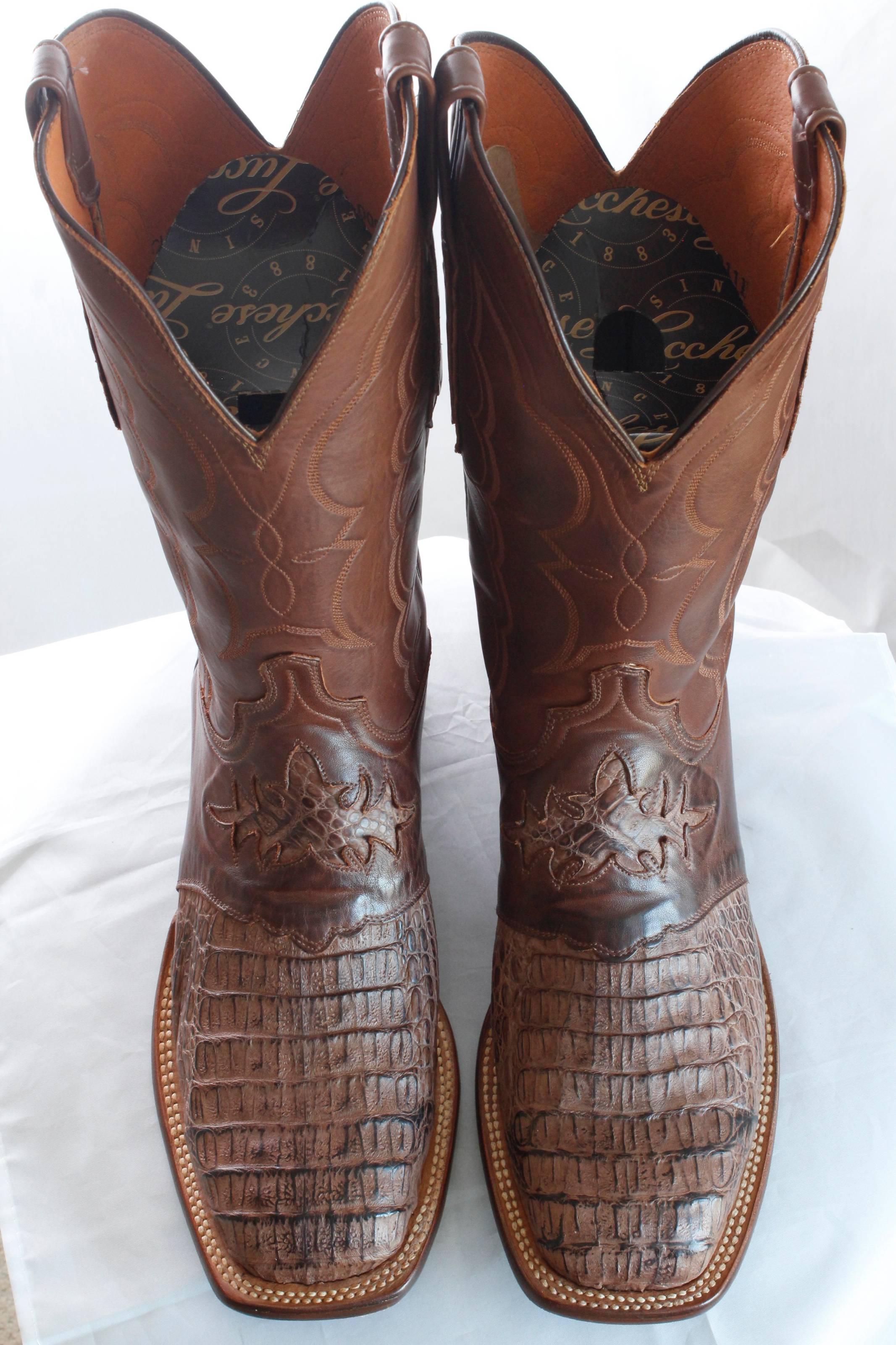 Lucchese Men's Burnished Tan Caiman Boots Size 10EE (wide).  These western style boots come with their original box and Lucchese storage bag.   In excellent condition overall, they were worn once or twice, and show some light wear to the soles. 