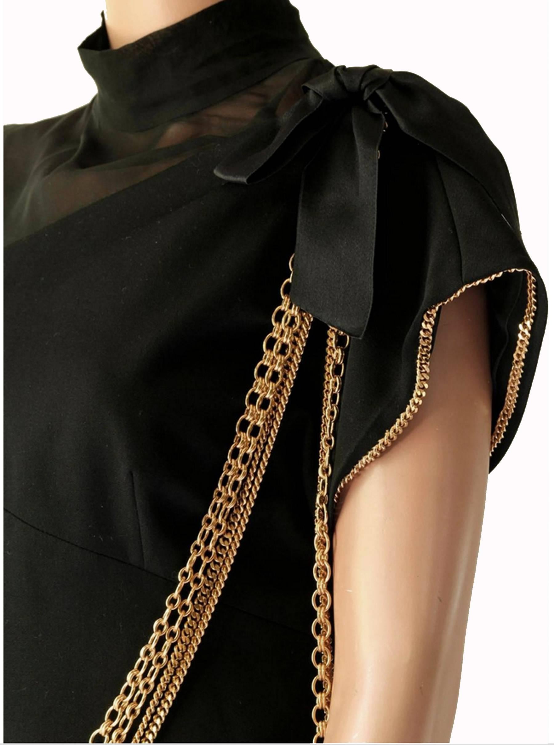 Women's Chanel Black Cocktail Dress Sheer Silk Panel with Gold Chains, 1980s