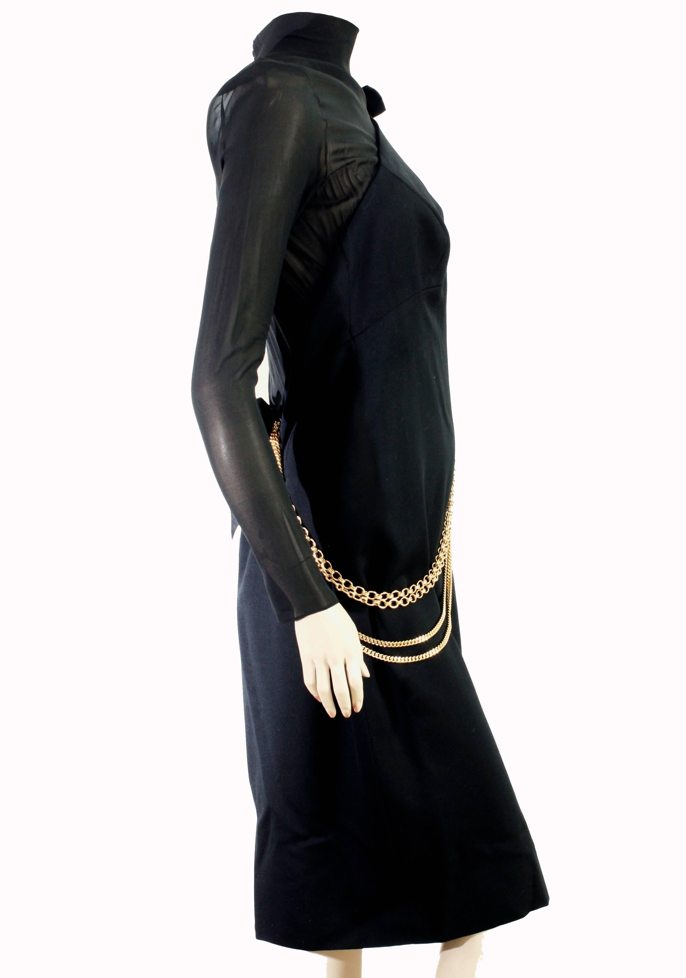 Chanel Black Cocktail Dress Sheer Silk Panel with Gold Chains, 1980s In Good Condition In Port Saint Lucie, FL