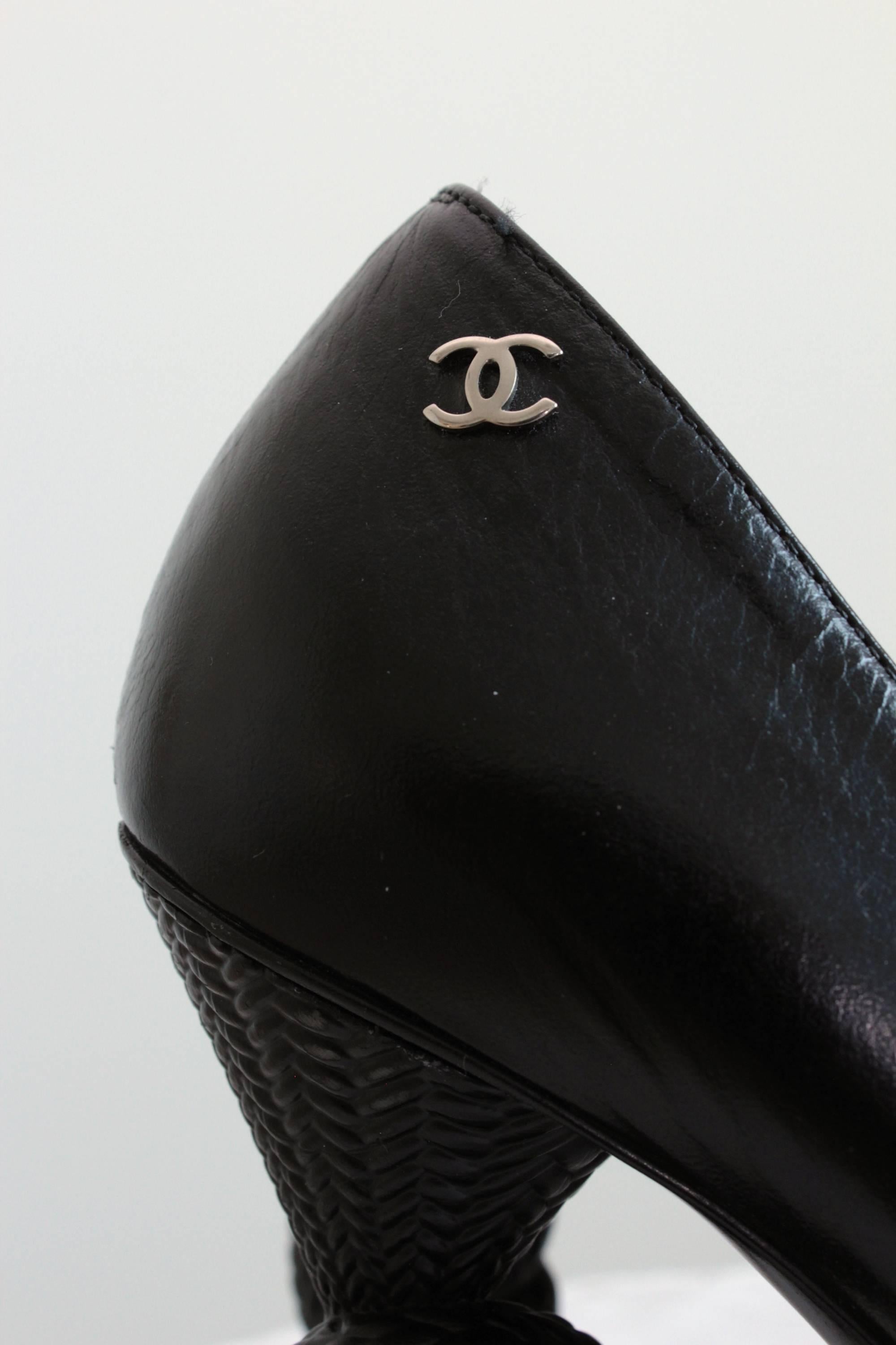Rare Chanel Knot Heel Shoes Black Leather and Patent 2014 Resort Sz 38.5 6